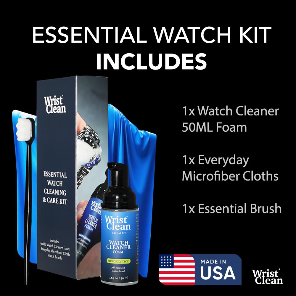 Essential Watch Cleaning Kit | Safe on all Metals & Crystals | (1x) Watch Cleaner Foam 50ML, (1x) Everyday Watch & Jewelry Cleaning Cloth 10"x10", (1x) Watch Cleaning Brush | USA Made (3 piece set)