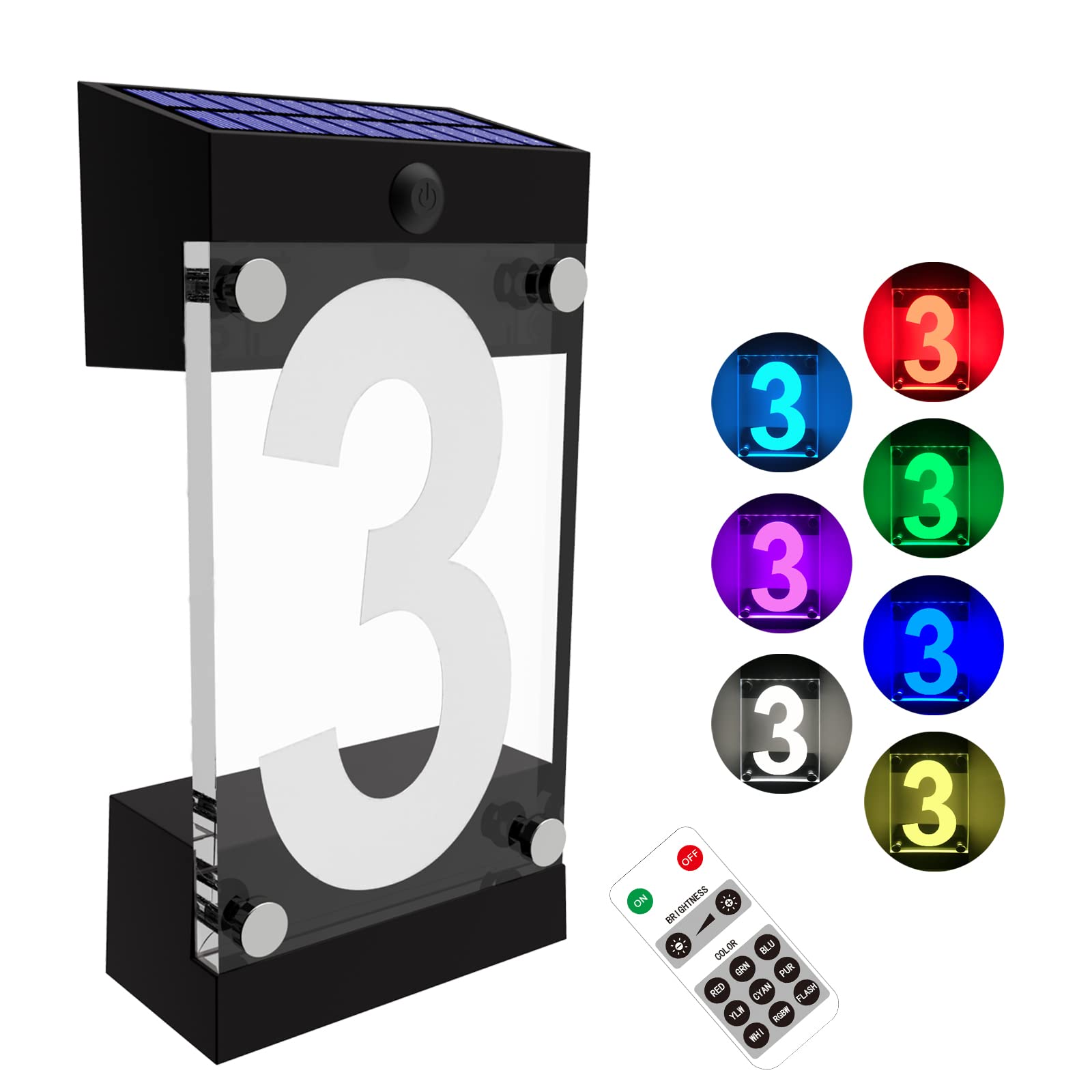 Photo 1 of Acrylics Solar Address Sign, Led Illuminated Solar House Numbers for Outside, Waterproof RGBW Color Changing Remote Control, Lighted Modern Address Plaque Solar Powered for Yard Home (Digit 3)