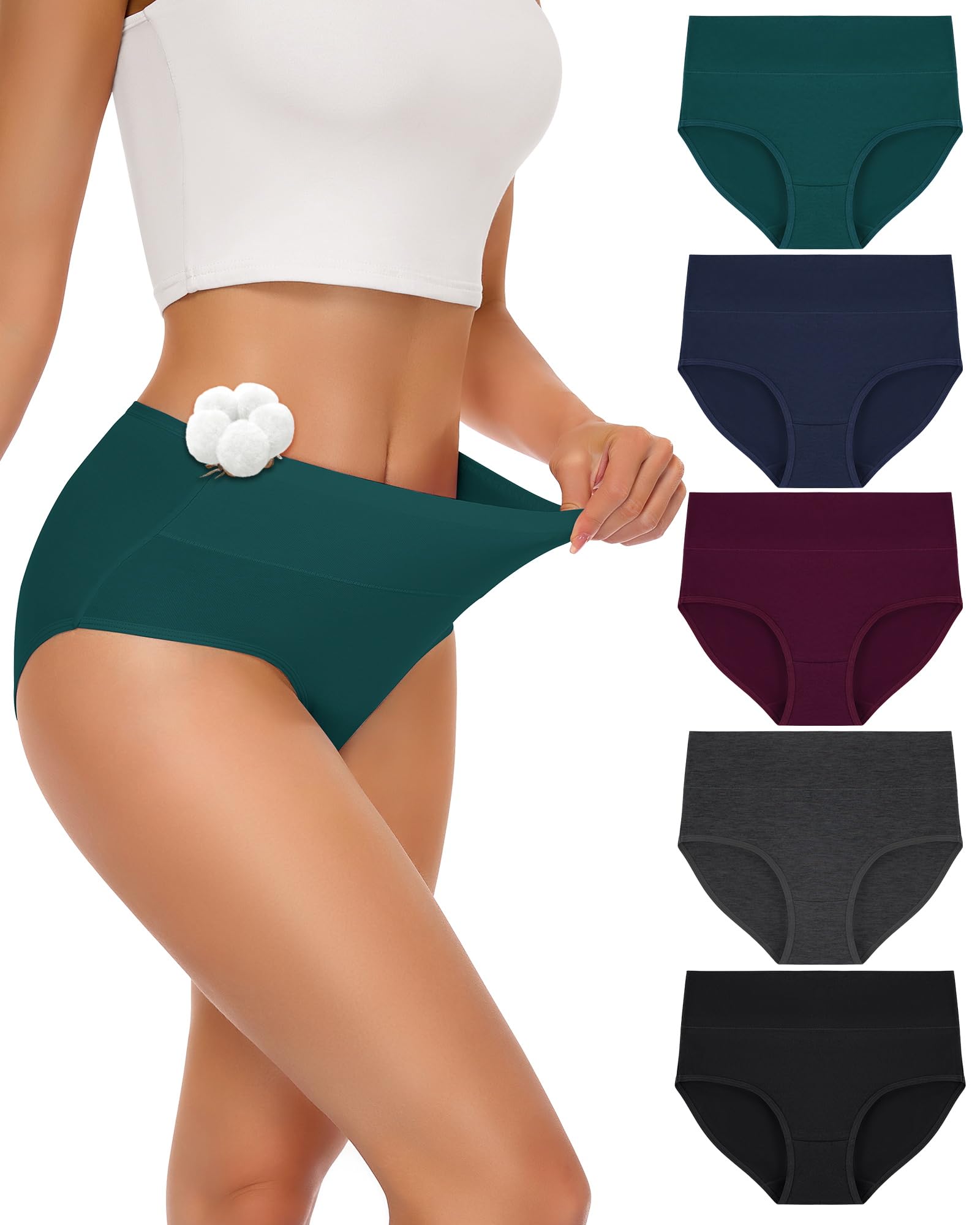 SIMIYA Unterhosen Damen Baumwolle 5er Pack Unterwäsche Frauen Mehrpack Hoher Taille Hipster Unterwäsche Damen Atmungsaktiv Panties Weich Damen Slips(Schwarz+Grau+Burgunderrot+Marineblau+Grün,L)