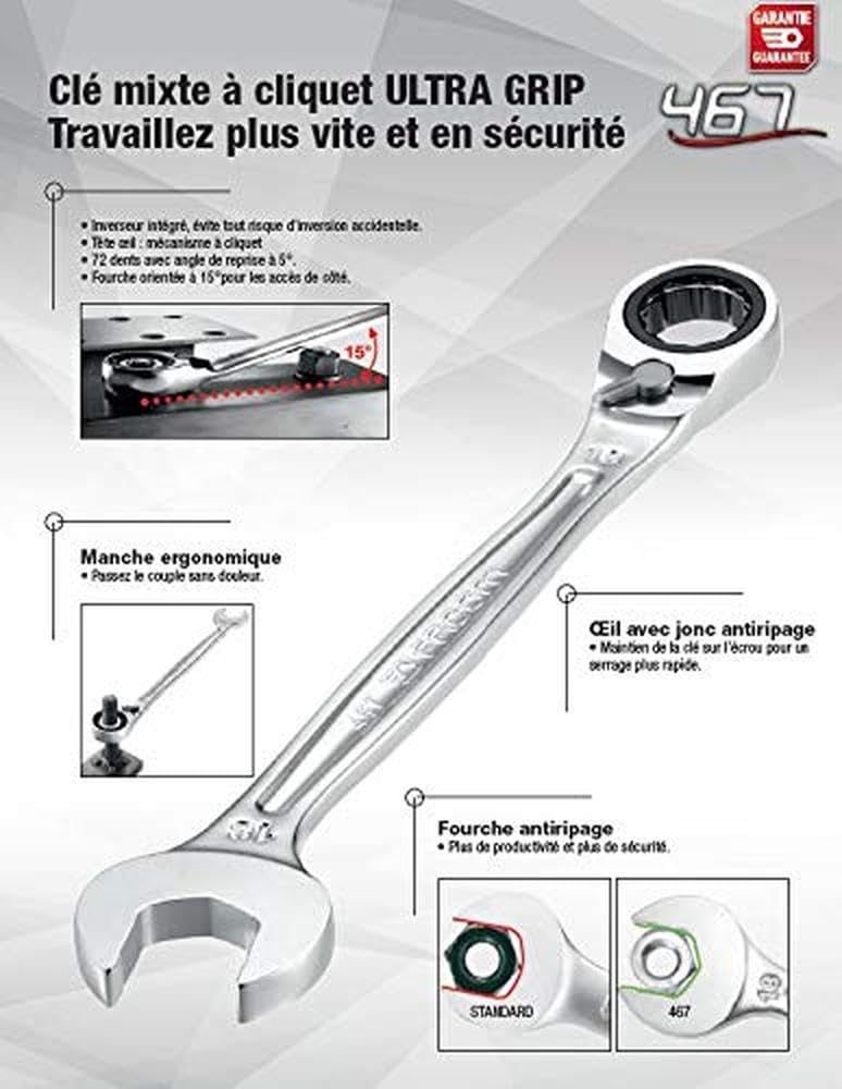 Facom 11mm Combination Ratcheting Spanner, Model 467B.11, Anti Slip, I-Beam Shaft, Chrome Finish, Silver - Image 3