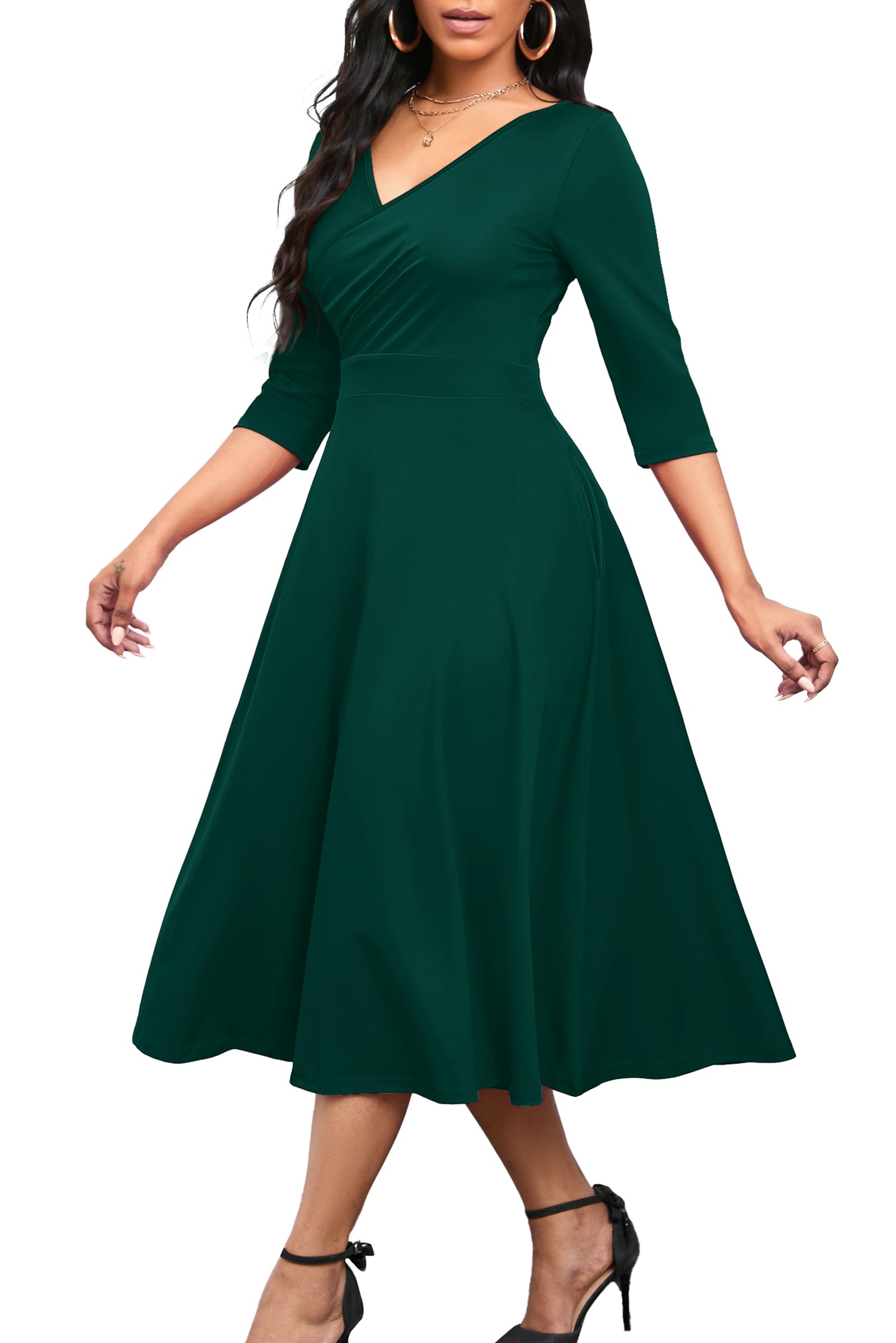 Nmoder Women's Casual Wrap Flared Midi Dress Wedding Guest Cocktail Tea Dresses A-Line Swing V-Neck 3/4 Sleeve