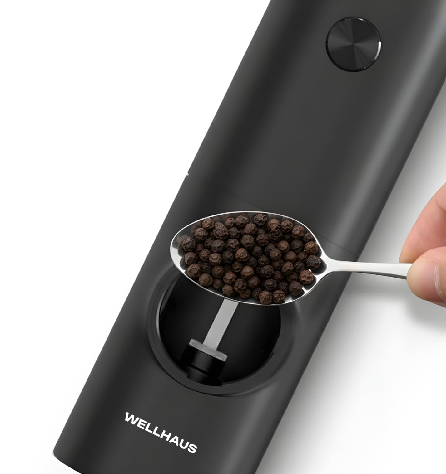 Macinasale e macinapepe elettrica – Set di 2 Macinasale e macinapepe a batteria con base, set di macine per spezie e sale, set di macine con luce LED e regolazione della grana, Nero - 5