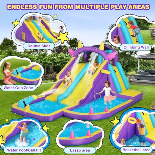 JOYLDIAS Inflatable Water Slide,Water Park Bounce House,Slide Bouncer Castle Playhouse w/Splash Pool, Climbing Wall, Ring Toss Game for Kids Outdoor Fun, 550W Air Blower