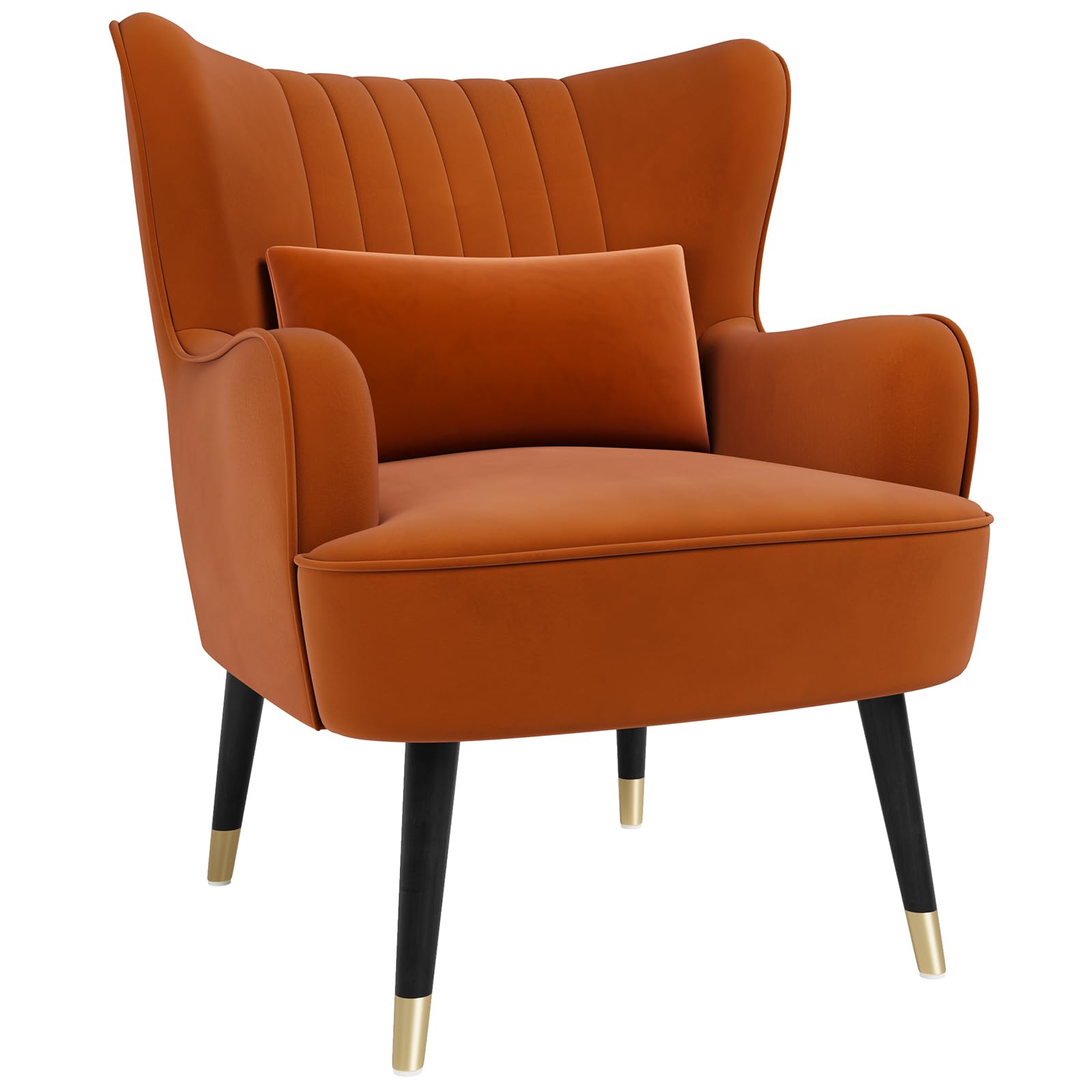 Vesgantti Velvet Accent Chair with Lumbar Pillow, Modern Wing Back Armchair Lounge Chair, Large Cuddle Chair for Living Room Bedroom Study Room Office(Orange)