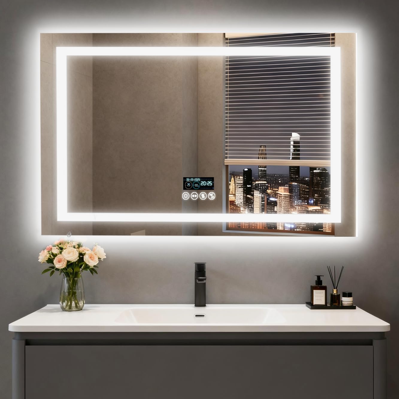 LUVODI Bluetooth Ora Data Specchio Bagno Led Luce 100x70cm Antiappannamento 3000K-6000K Dimmerabile 3 Colori Luce Funzione Memoria Specchio in Resina Specchio Retroilluminato Bagno con Bluetooth