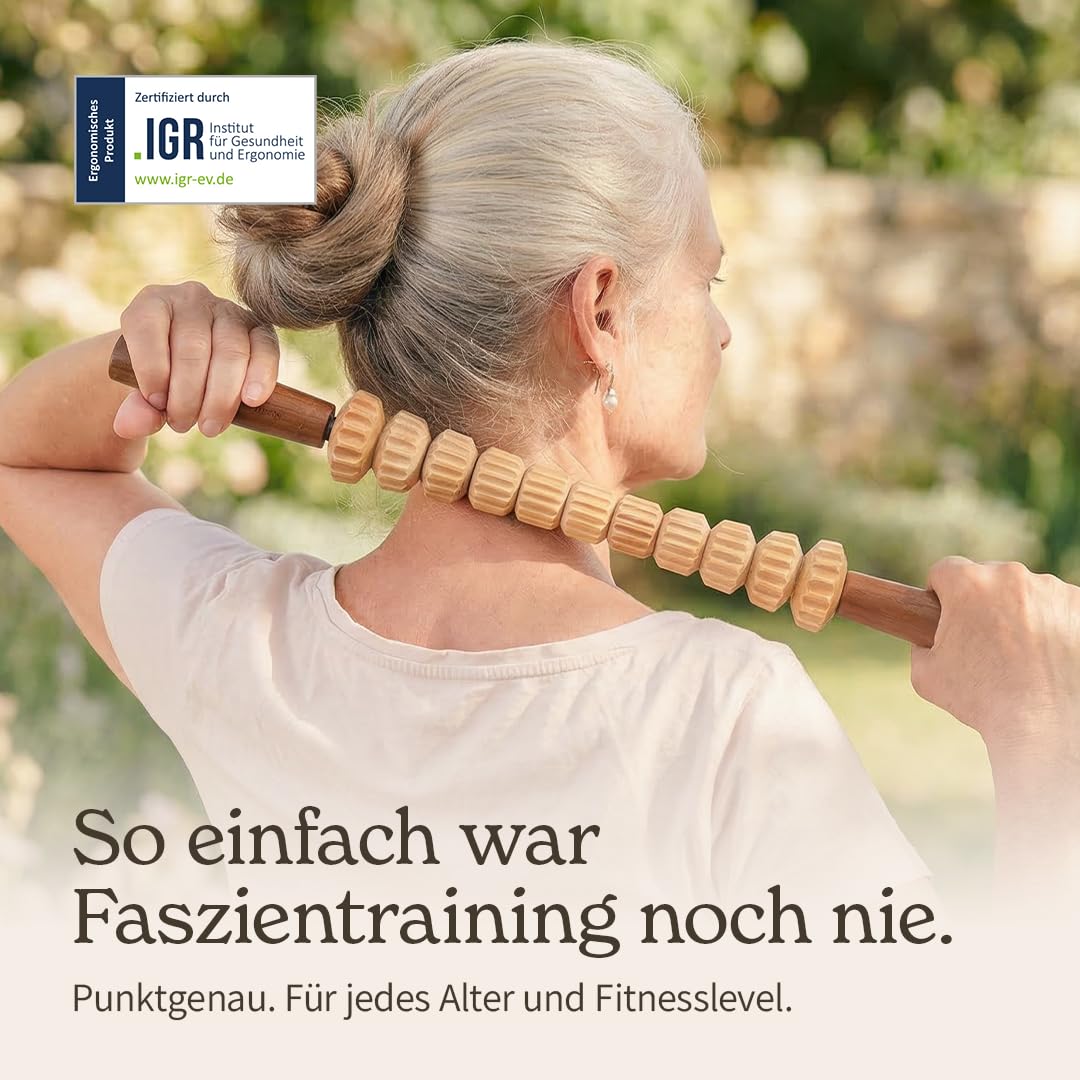 Faszienstab Woodstick FLEX mit GERILLTEN Massage-Elementen [DAS ORIGINAL aus Österreich – Echte Handarbeit] Biegsamer Faszien-Massagestab aus Holz – Faszientraining, ohne Rollen am Boden