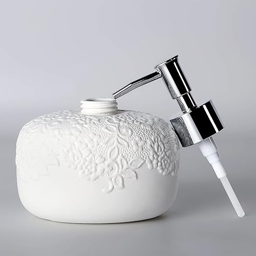 Miniatura 7 de Jabonera de cerámica y dispensador de jabón blanco dispensador de loción blanca de 14 onzas con diseño en relieve soporte de jabón en forma de hoja