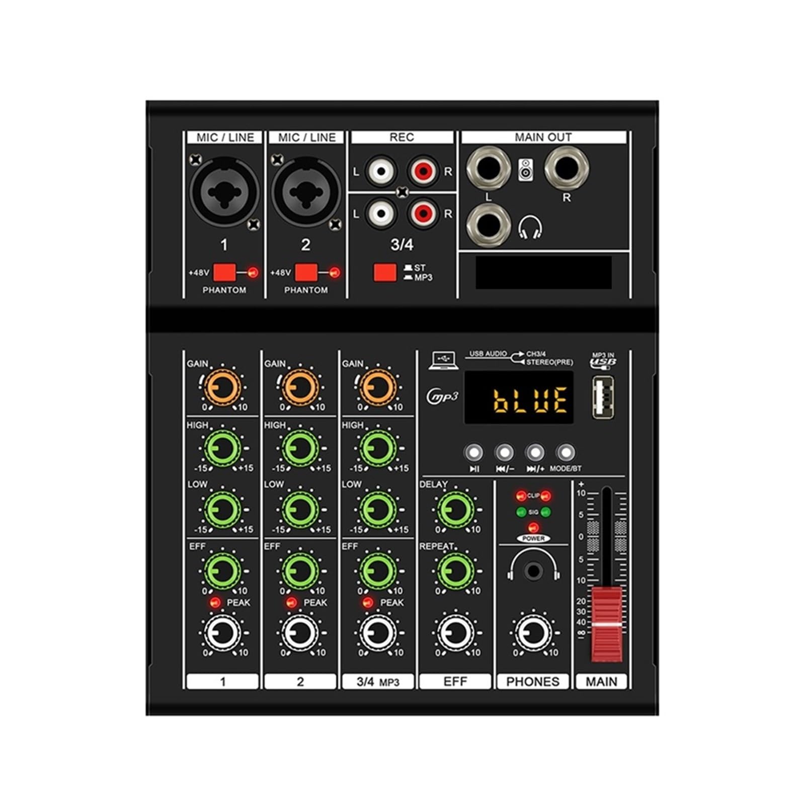 Kontroler DJ-ski, Profesjonalna przenośna cyfrowa konsola DJ z ramką miksera USB, mikser do śpiewania na żywo, 4 kanały, czarny, 1 szt
