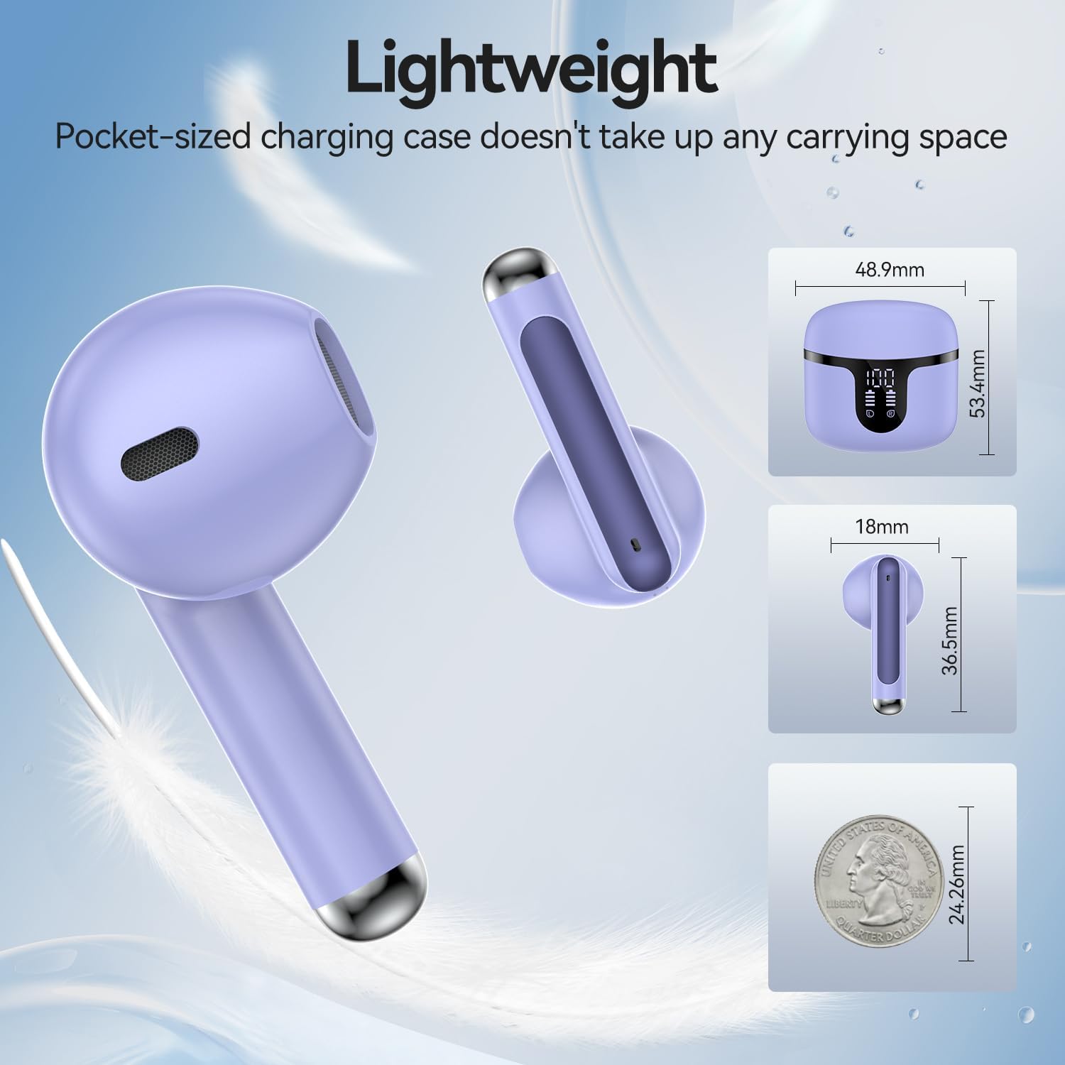 Wireless Earbuds, 2025 Bluetooth 5.3 Headphones HiFi Stereo 50H Playback Ear Buds with Led Digital Display, ENC Noise Cancelling Earbuds for Laptop Computer, iOS, Android, Purple - Image 6