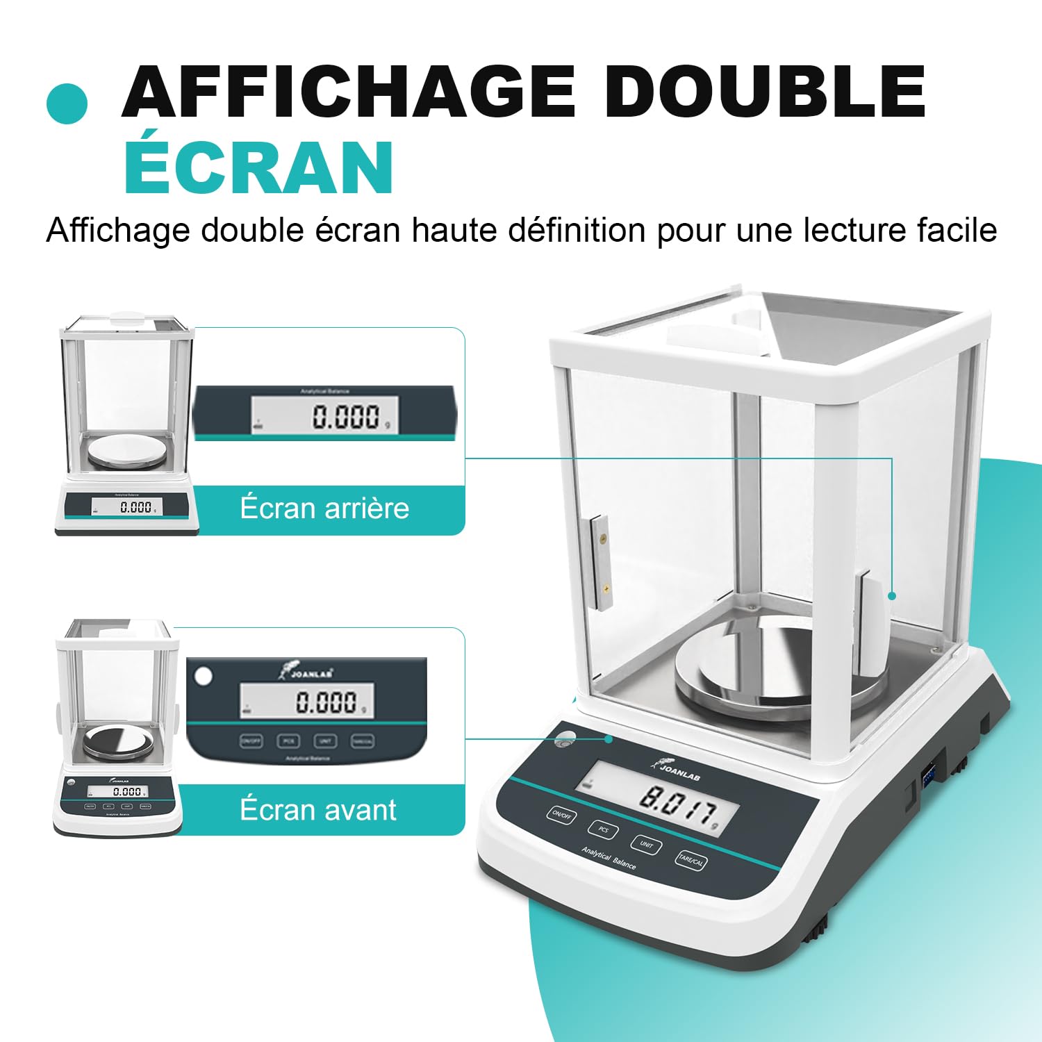 JOANLAB Balance Analytique Double Affichage 300g x 0,001g, Balance de Laboratoire Haute Précision avec Calibration Externe, Écran LCD Rétroéclairé pour Laboratoire, Bijouterie & Pharmacie(FA3003S)