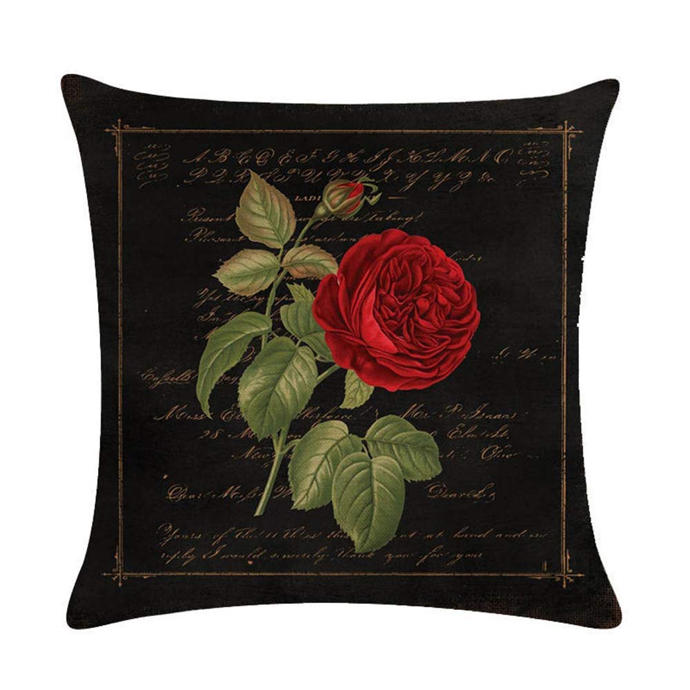 Ezyforu Throw Pillow Covers 18 x 18 Inch Red Rose Blossom Flower Black Cotton Linen Pillowcase Decorative Cushion Cases