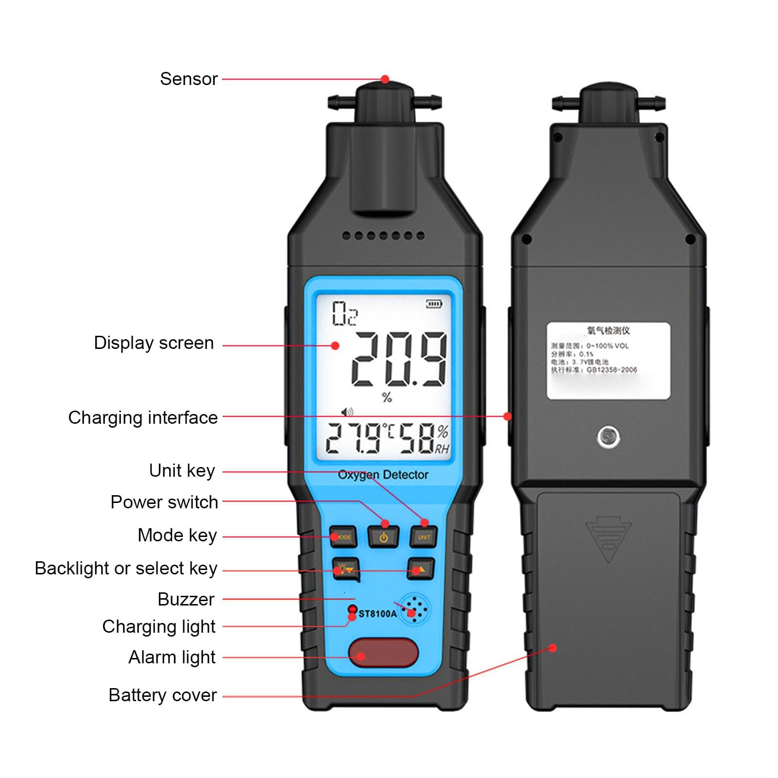 Detector de Oxígeno Portátil Medidor Concentración 0-100% Vol con Alarma para Gas O2 Doméstico
