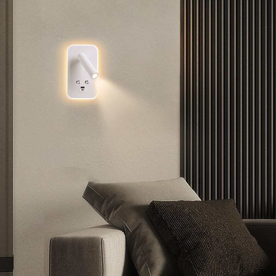 Lámpara de lectura de pared, 3W+7W, lámpara LED de pared Con interruptor táctil de atenuación y puerto de carga USB A+C, 320 ° cama giratoria lámpara de lectura dormitorio hotel (Blanco)