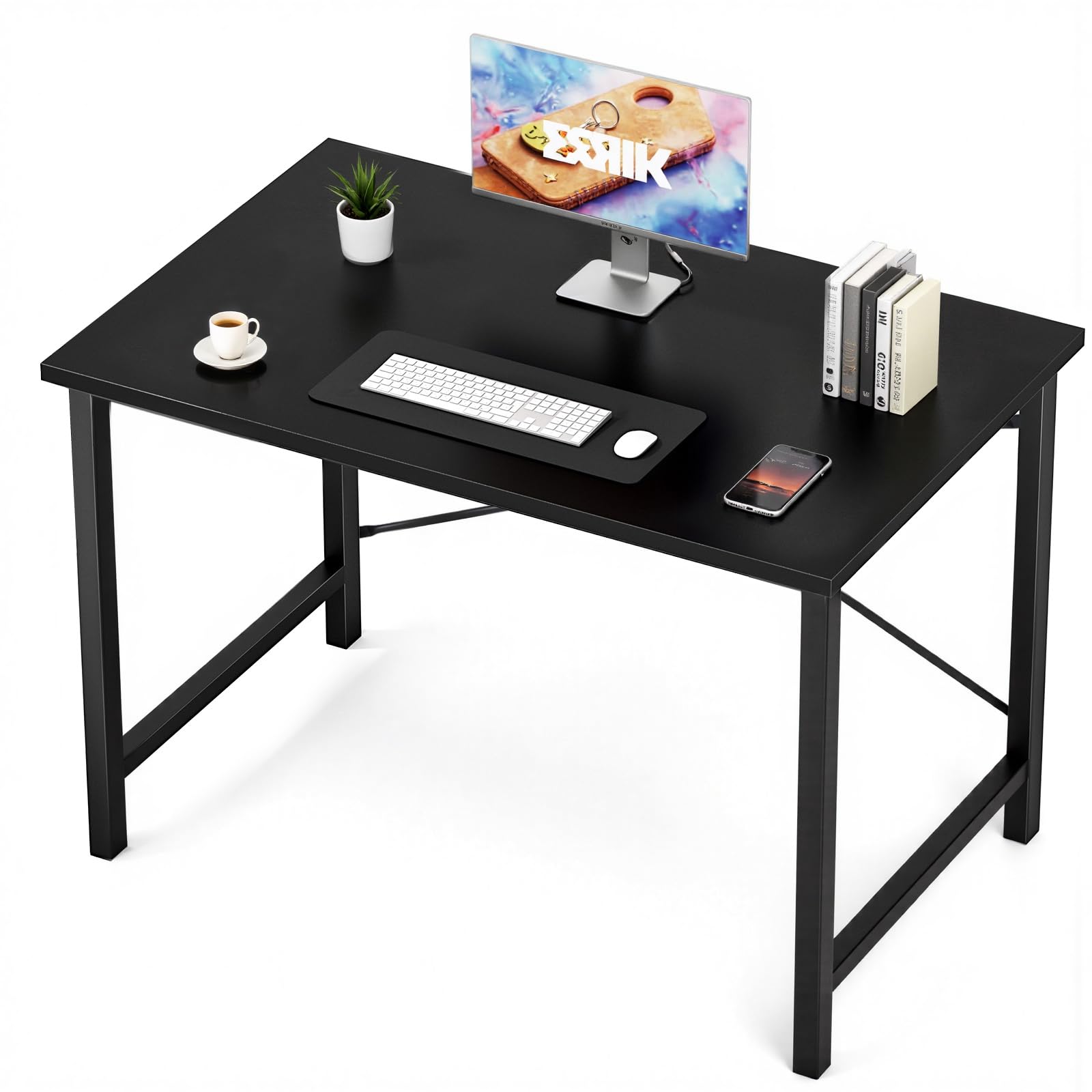 Sweetcrispy Small Computer Office Desk 40 Inch Student Study Writing Work with Metal Frame Wood Tabletop Modern Simple Home Bedroom PC Table - Black