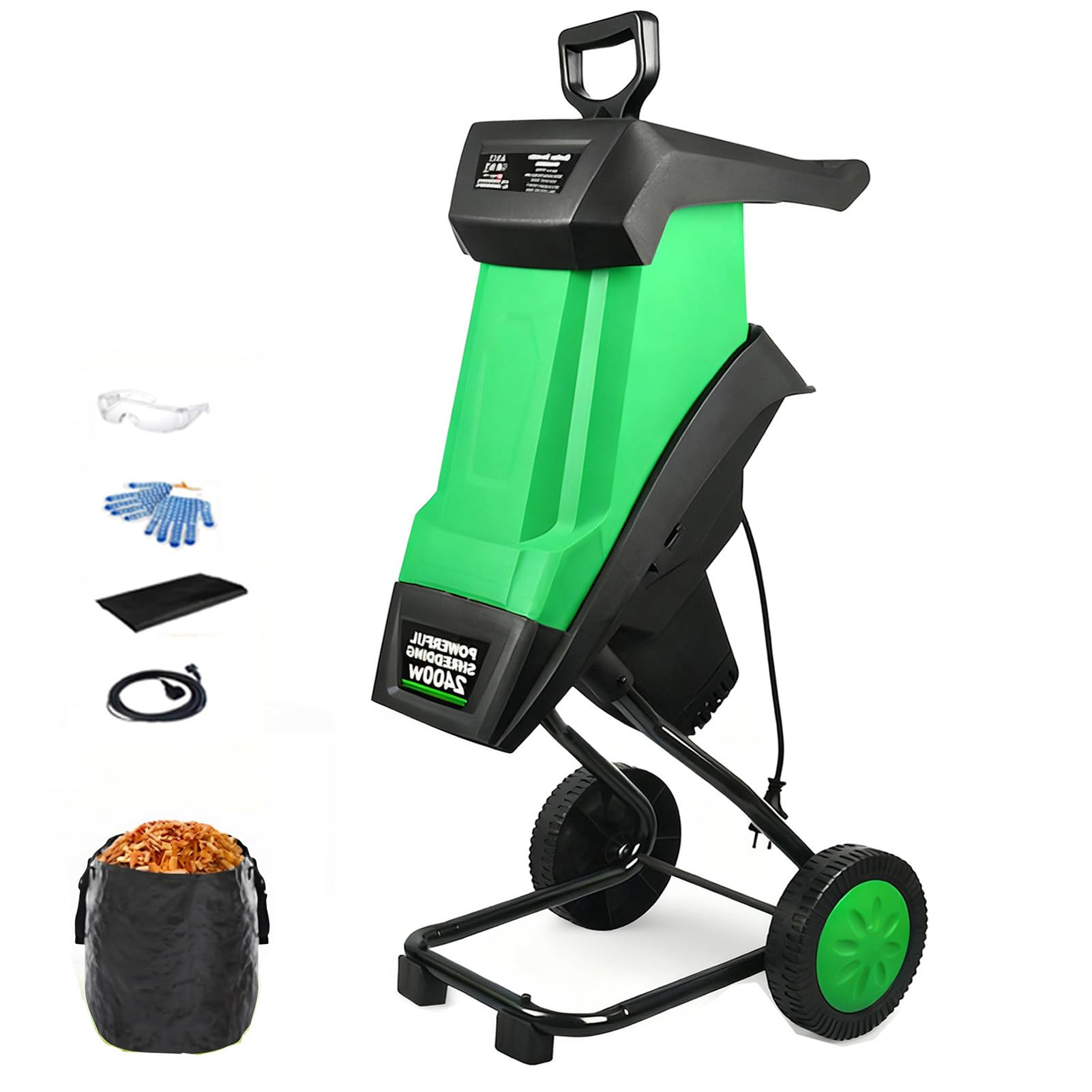Trituradora de Madera EléCtrica de 2400 W, Trituradora de JardíN con Cable de 30 Cm con Cuchillas de Acero Al Manganeso de Doble Cara Y Bolsa Recolectora, para Ramas, Hojas Y Desechos