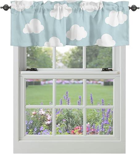 Vandarllin Cortinas de cocina para niños, cenefas para ventanas, diseño de nube azul y blanca con bolsillo para barra, tratamiento de ventana para