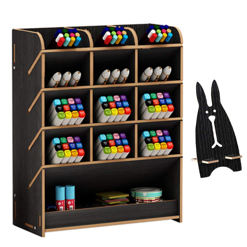 Organizador de Escritorio de Madera Papelería Multifuncional Caja de Soporte de Pluma para Estante de Almacenamiento de Suministros Escolares de Oficina en el Hogar (Negro)