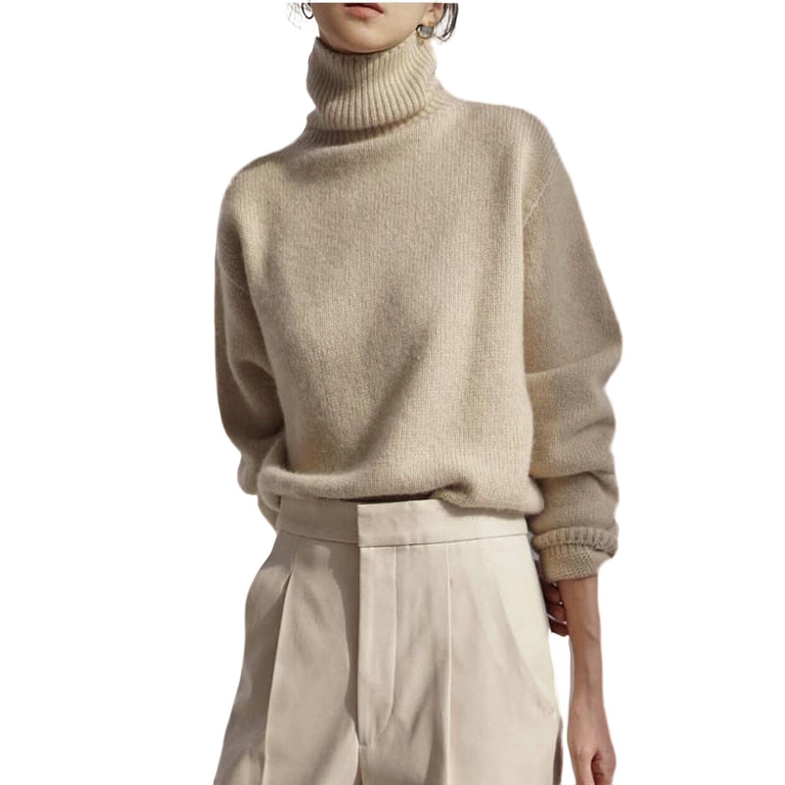 TOBILE Damski sweter z okrągłym dekoltem sztuczny kaszmir elegancki golf dekolt damski sweter miękki dzianinowy podstawowy pulowery okrągły dekolt luźny ciepły damski sweter z dzianiny