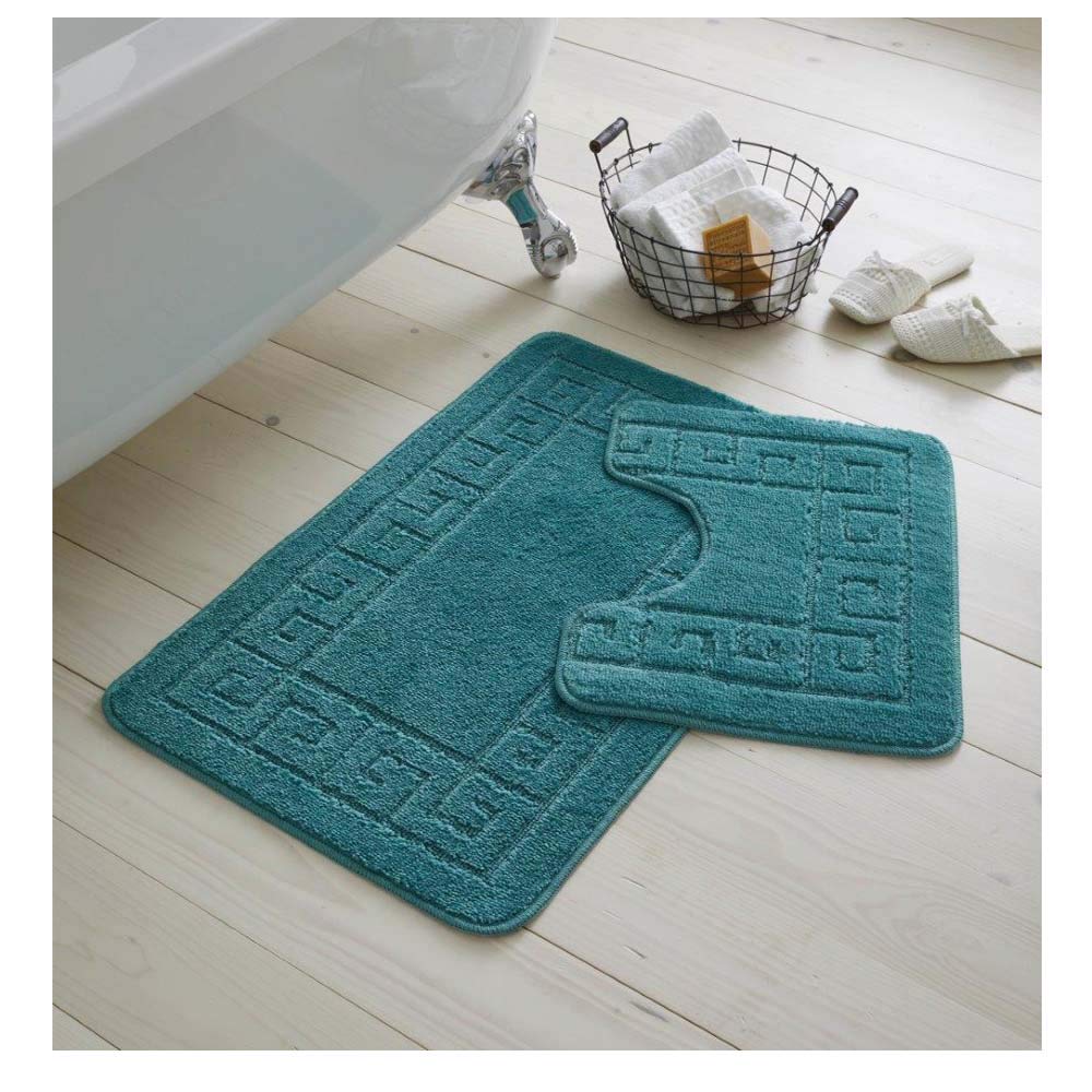 De Lavish Bath Mat Set 2 Piece Non Slip Rubber Pedestal and Bath Mat Set Toilet Greek Bathroom Rug New (Teal)