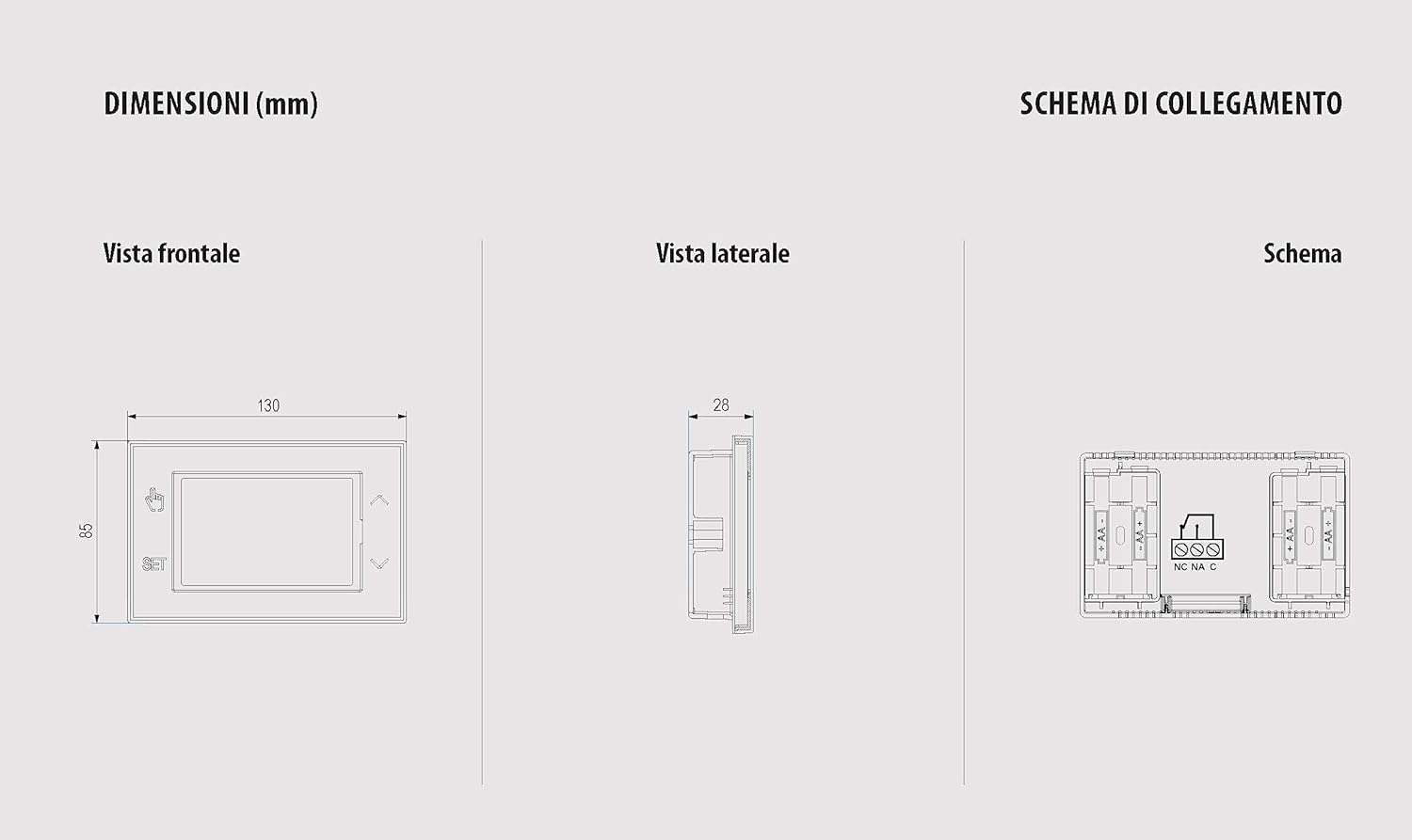 VEMER TUO WIFI BATTERIA Thermostat dimensions and wiring diagram