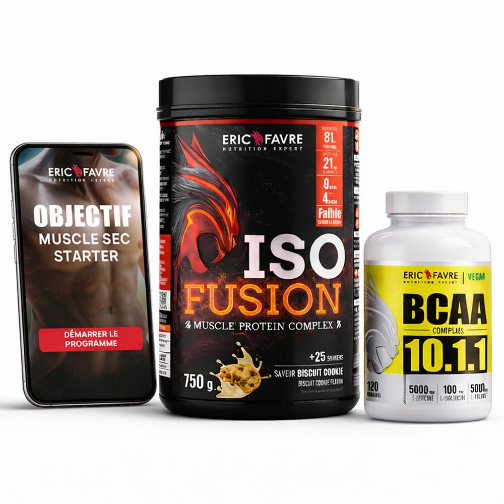 PACK MUSCLE SEC - Kit Starter Sèche, Protéines, Acides Aminés - Iso Zéro 100% Whey + BCAA 8.1.1 ZERO Vegan + Oméga 3 + Shaker 400ml - Eric Favre