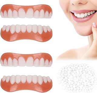 2 Pairs Fake Teeth Snap on Teeth Temporary Veneers False Teeth Instant Smile Dentures Whitening with Moldable Thermal Fitting Beads Cosmetic Teeth Cover for Men Women Upper and Lower Broken Teeth