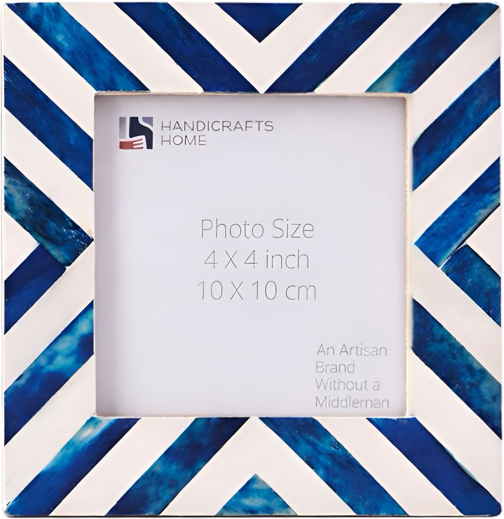 Handicrafts Home Chevron Picture Frame 4x4, Handmade Bone Inlay 4 by 4 Photo Frame for Tabletop/Wall Decor, Christmas, Holiday Home Decor Gift, Boho Chic Coastal Farmhouse Frame, Desk & Shelf, Blue
