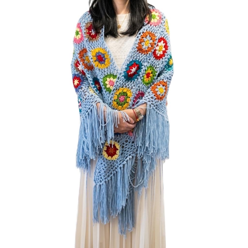 Hblanket Women's Powder Blue Handmade Crochet 70X34in Fringed Poncho Cape Shawls Wraps Granny Square Coat Sweater, One Size