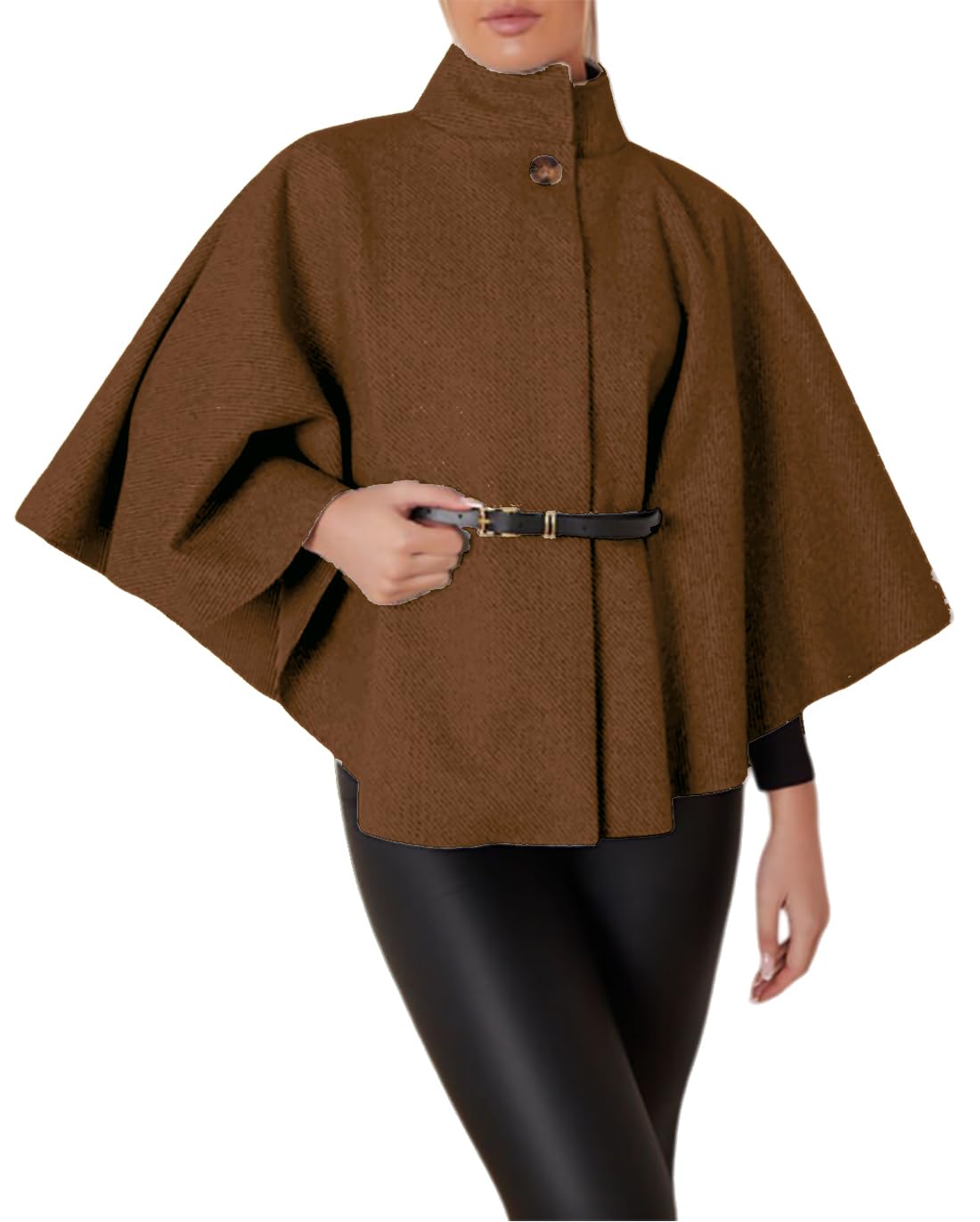 Fairy Trendz Women's Brown Batwing Sleeves Belted Cape Coat Turtle Neck Jacket Front Button Belted Cape Coat Casual Winter Jumper Top