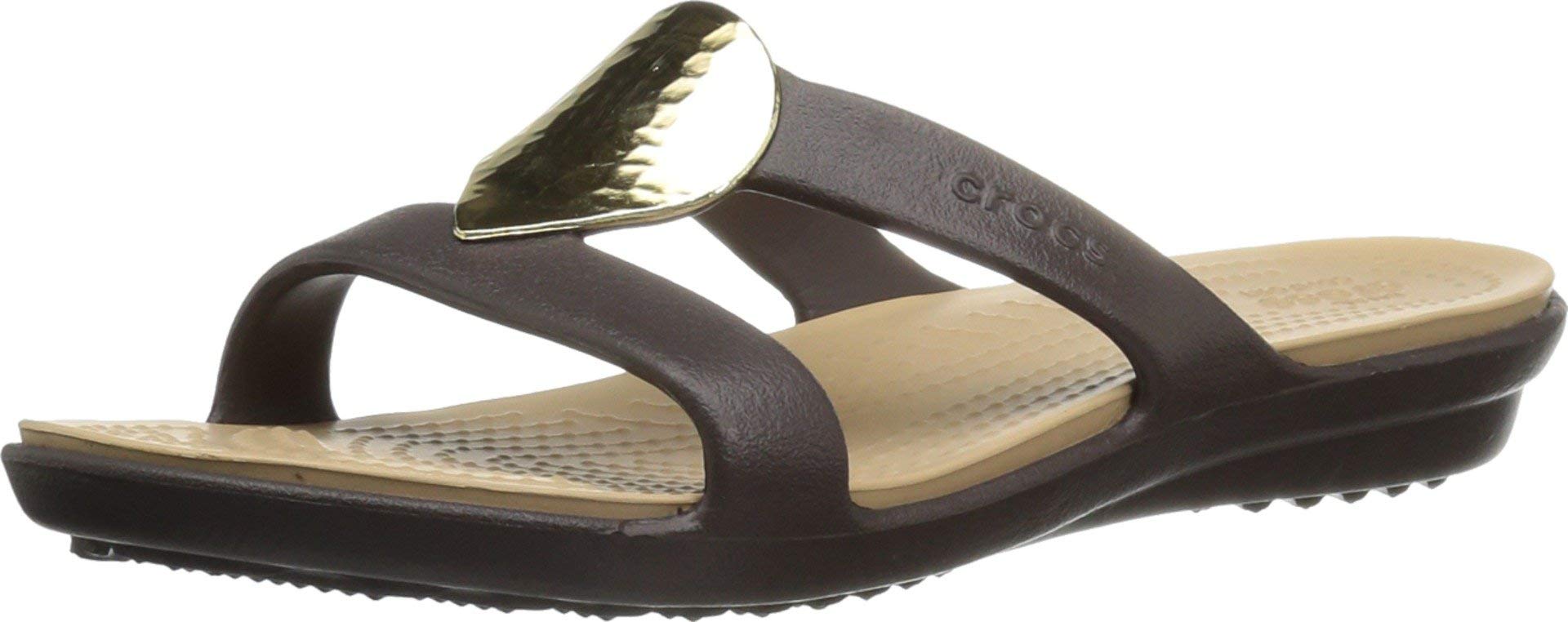 crocs Women's Sanrah Embellished Sandal, Espresso/Gold, 5 M US