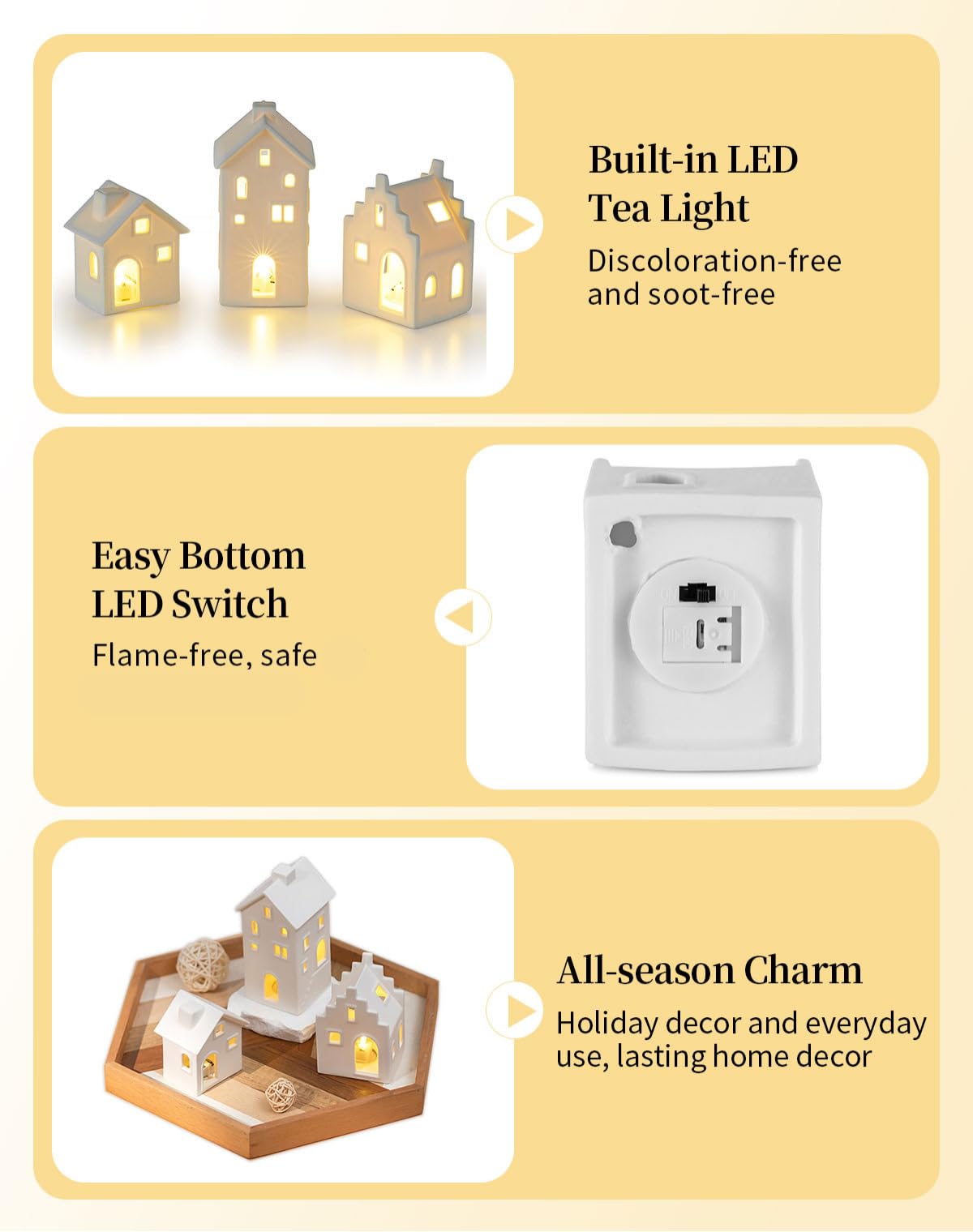 Romadedi Casas blancas de pueblo de Navidad: casa de cerámica, decoración de Navidad, mini juego de pueblo de porcelana con luces LED para mesa, mantel, estante, Navidad, invierno, vacaciones, hogar