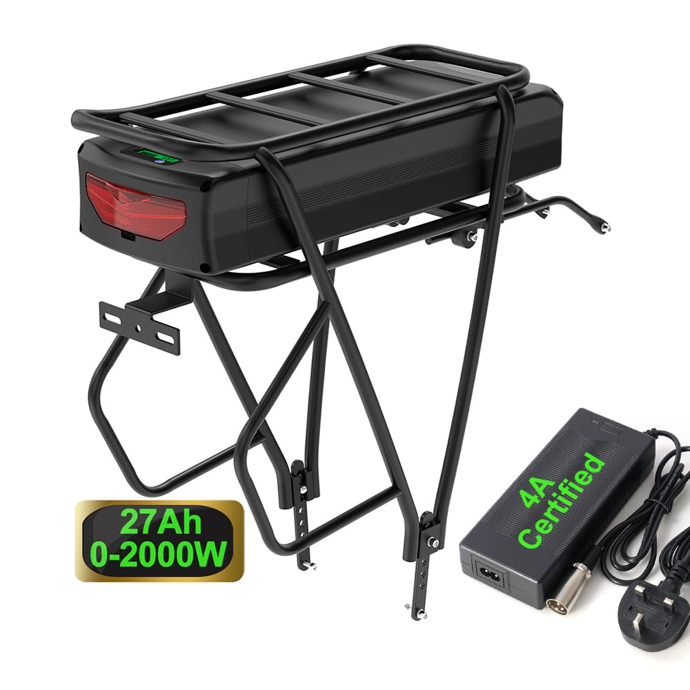 UPP 52V 27Ah Ebike Battery with Rear Rack- Litihium Bike Battery for 750W 1000W 1500W Ebike Conversion Kit for Front Wheel Rear Wheel Brushless Motor