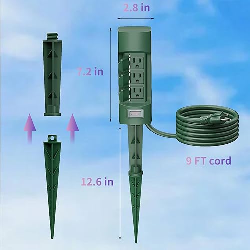 Vista 7 de K KASONIC Kasonic - Estaca de alimentación para exteriores, tira de alimentación con cable de extensión de 6 tomas y 9 pies, doble cara con fundas