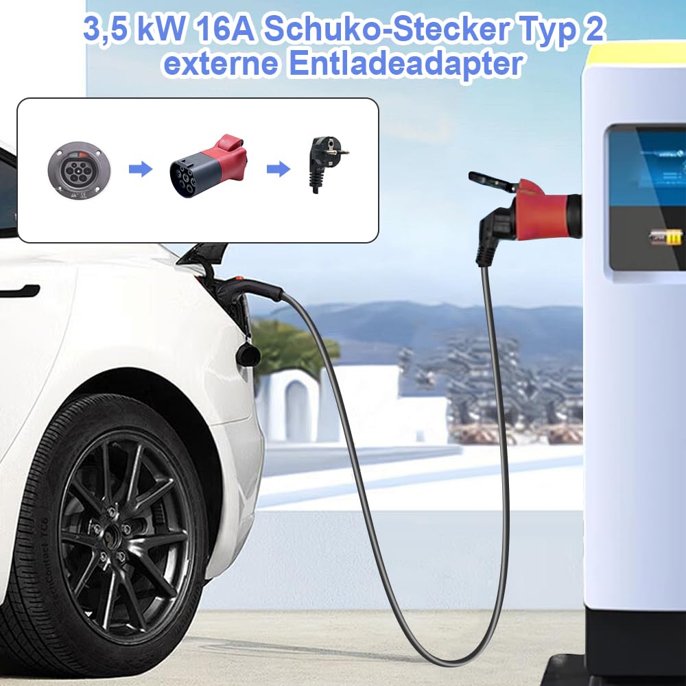 TKSE Adapter V2L voor EV, compatibel met EV, 3,5KW 16A 220V van voertuig naar last, Type 2 naar Schuko-buitenontlader, compatibel met MG4, MG6, MG ZS, MG Marvel R