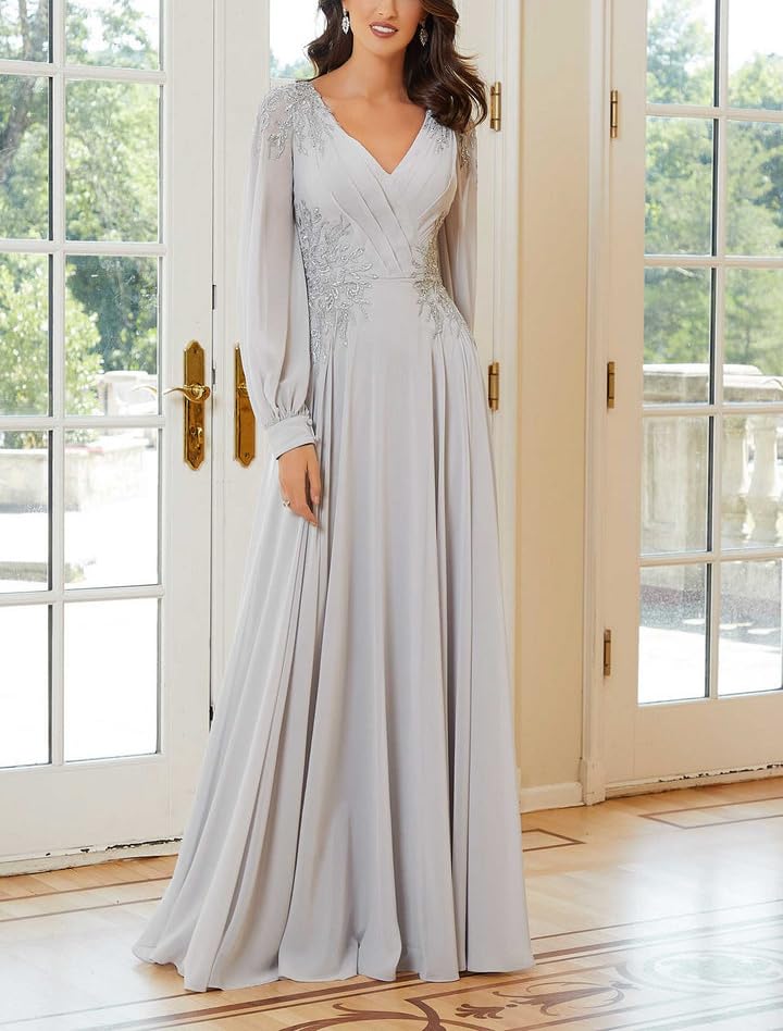 Long Sleeve Chiffon Mother of The Bride Dresses with Sequin Appliques Evening Dresss Formal Prom Gowns2