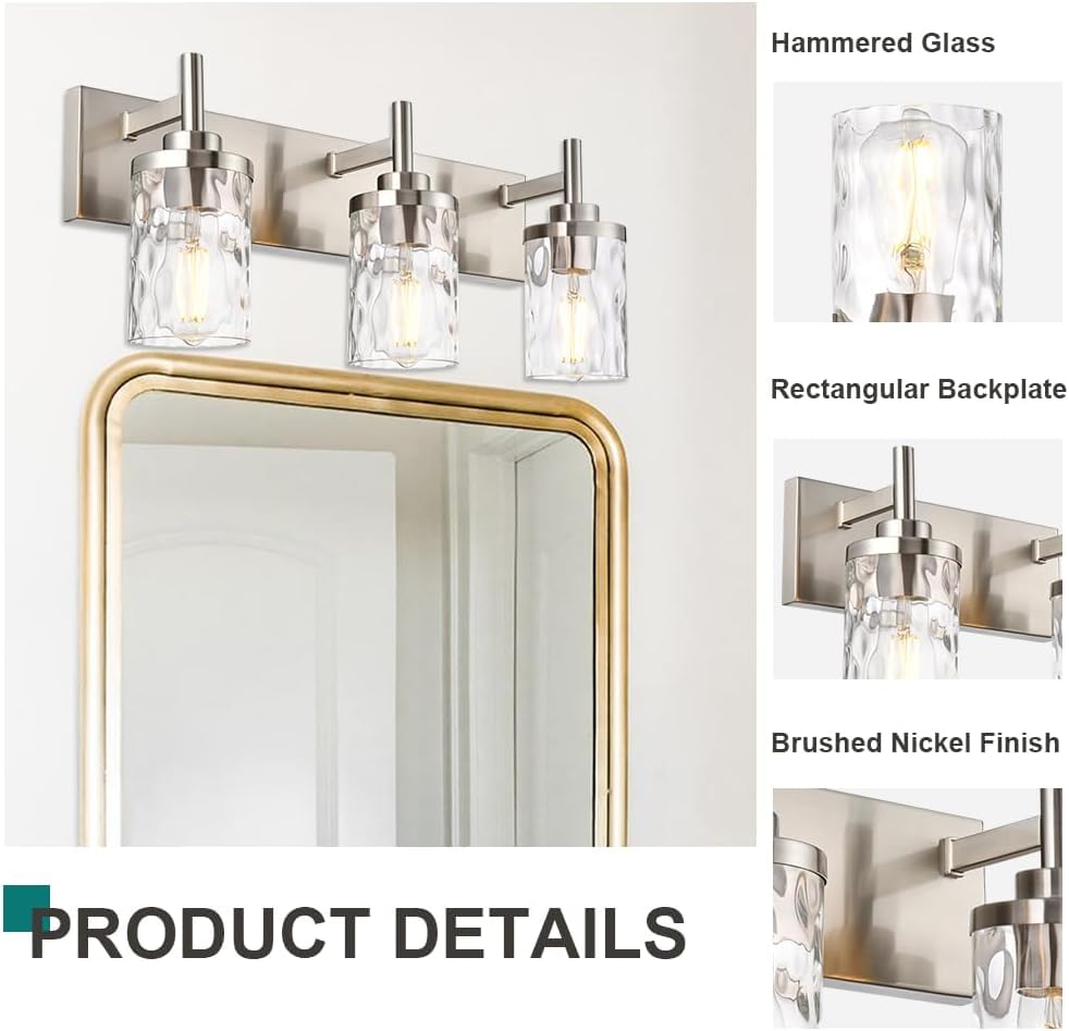 Image of Bathroom Vanity Lighting Fixtures 3 Lights,Brushed Nickel Bathroom Vanity Lights with Clear Hammered Shade Wall Sconce Lighting Modern Farmhouse Bath Lighting