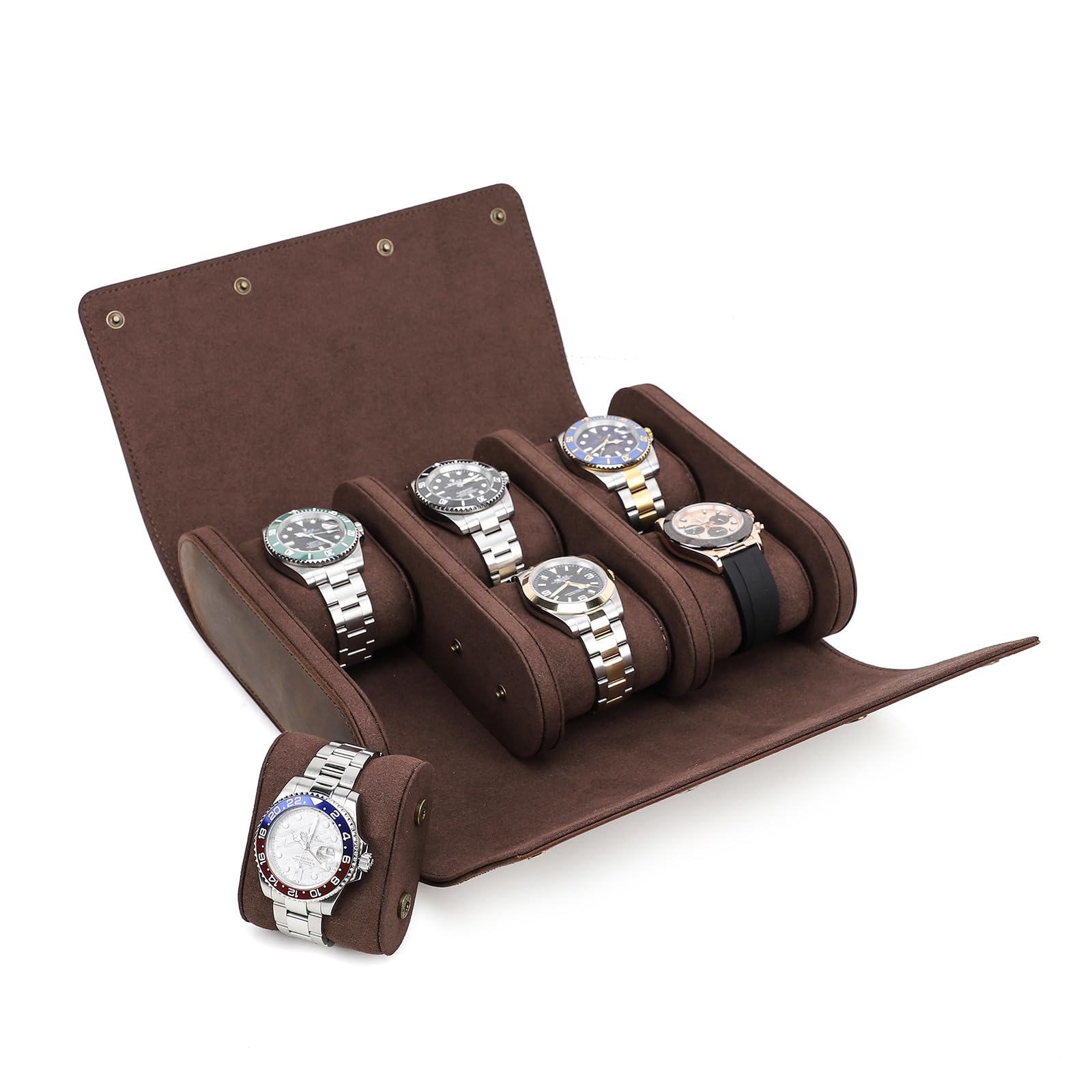 HVMBEUGOS Watch Storage Box, Genuine Leather 6 Slot Watch Protective Roll Case, Organizer for Jewelry Watch with Removable Cushion Pillows (Coffee)
