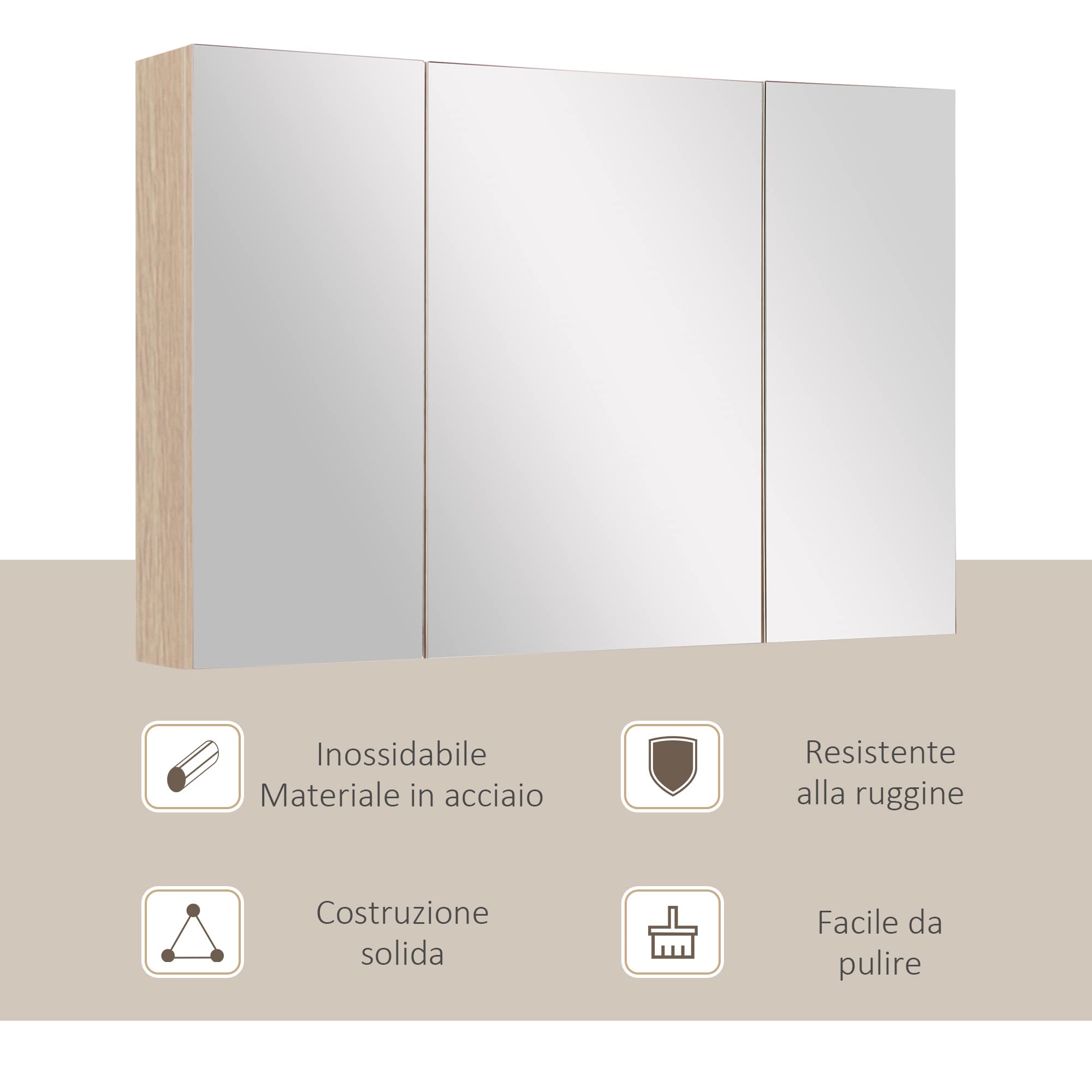 kleankin Specchio Bagno Contenitore con 3 Ante a Specchio Soft Close, Specchiera Bagno con Ripiani Regolabili in Legno e Vetro, 90x13.5x60 cm, Color Legno