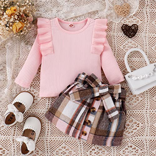 Camiseta de manga comprida com babados e estampa xadrez xadrez com babados e saia para meninas de 12