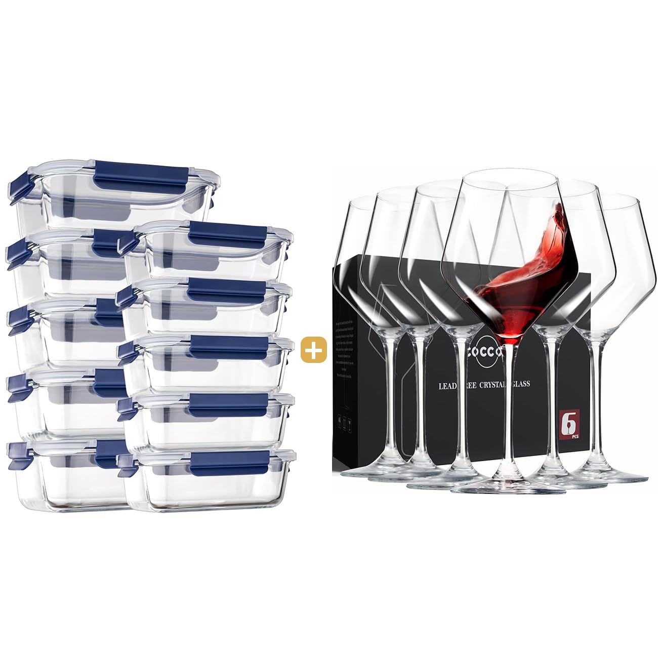 coccot 10 Pack glass meal prep containers & 6 Pack wine glasses 16oz