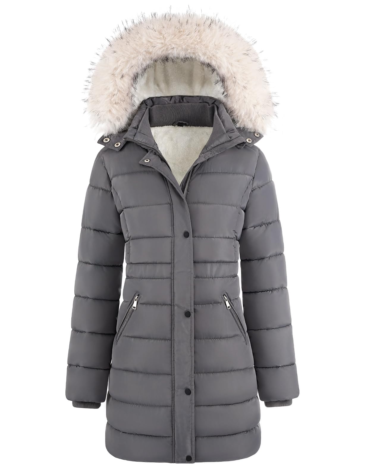 Yuson Girl Wintermantel Damen Lang Warm Gefütterte Winterjacke Dick Stepp Kapuze Parka Frauen Fleece Herbst Mantel Leichte Outdoor Jacket mit Abnehmbarer Kunstpelzkragen (Dunkelgrau, L)