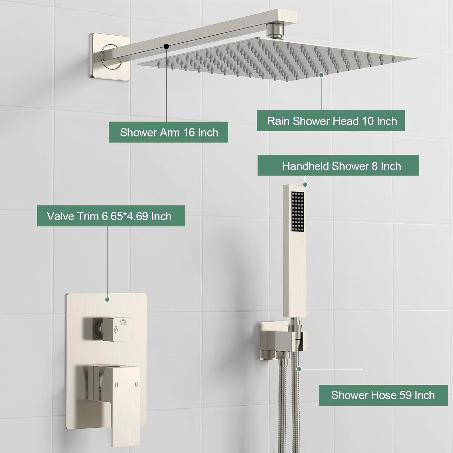 SunCleanse Shower System Rainfall Shower Faucets Set Brushed Nickel, 10 Inch Wall Mounted Rain Shower Head with Handheld Spray Shower Valve and Trim Included