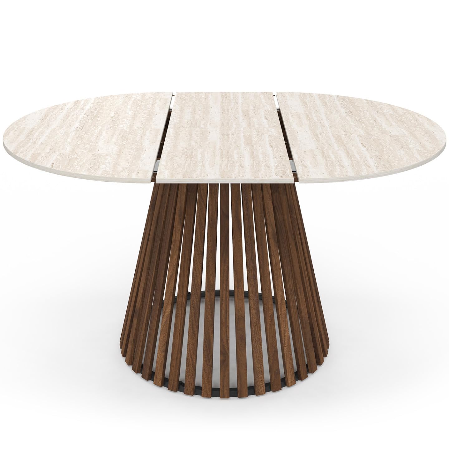IDMarket - Esstisch, ausziehbar, rund, Carmen, 4-8 Personen, Fuß aus Nussbaum, Latten, Platte mit Travertin-Effekt, 110 – 150 cm