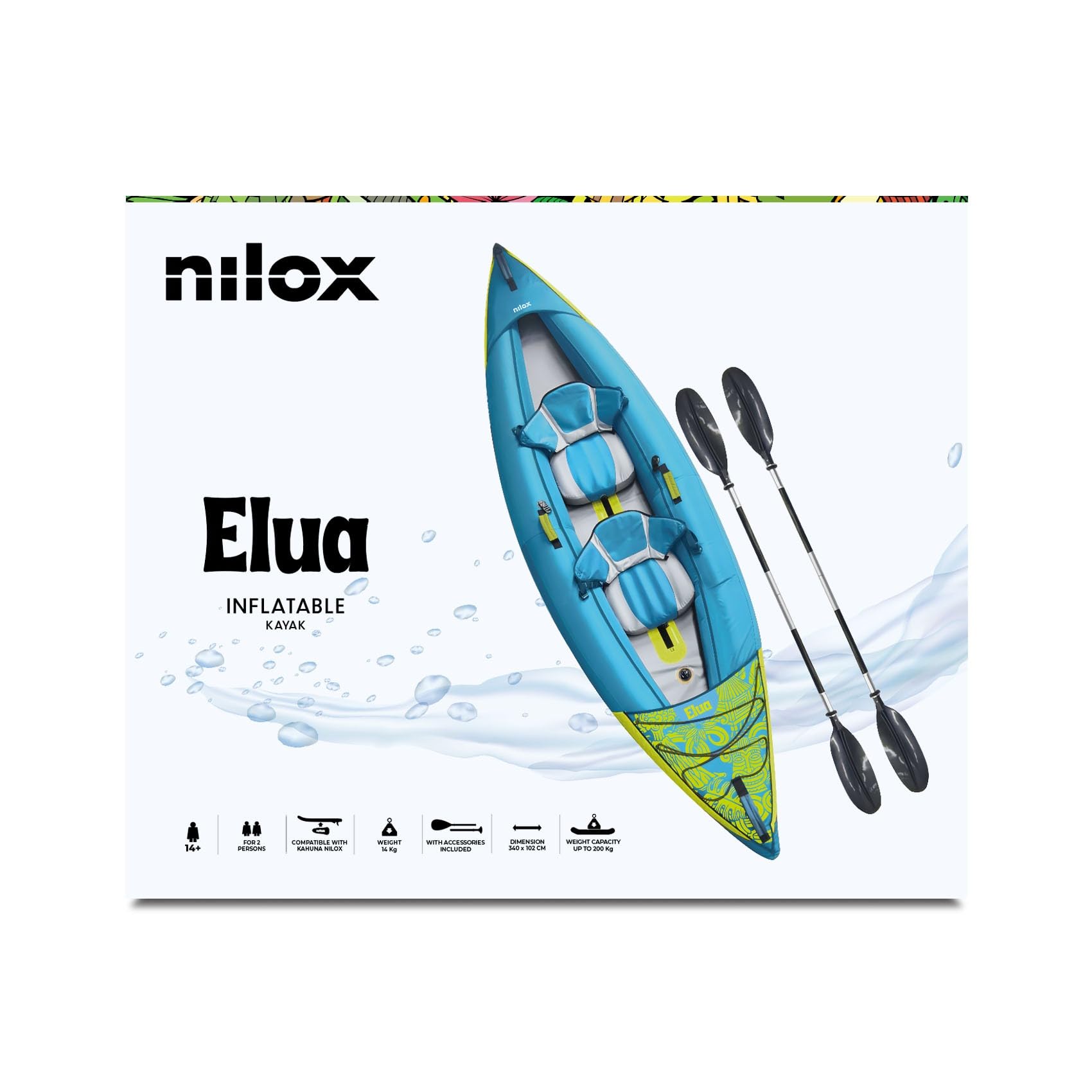 Nilox Kayak Hinchable de 2 Plazas de PVC, con 2 Remos de Aluminio, 2 Asientos, Bomba Manual y Bolsa de Transporte, Compatible con Waterscooter, Resistente 800D, Peso 14 kg, Dimensiones 340×102 cm