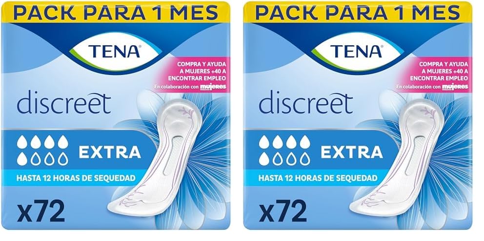 TENA Discreet Extra x72 - Compresas Diarias para la Incontinencia Femenina - Absorción Media para Pérdidas de Orina - Hasta 12 Horas de Sequedad - Paquete Mensual (6x12) (Paquete de 2)