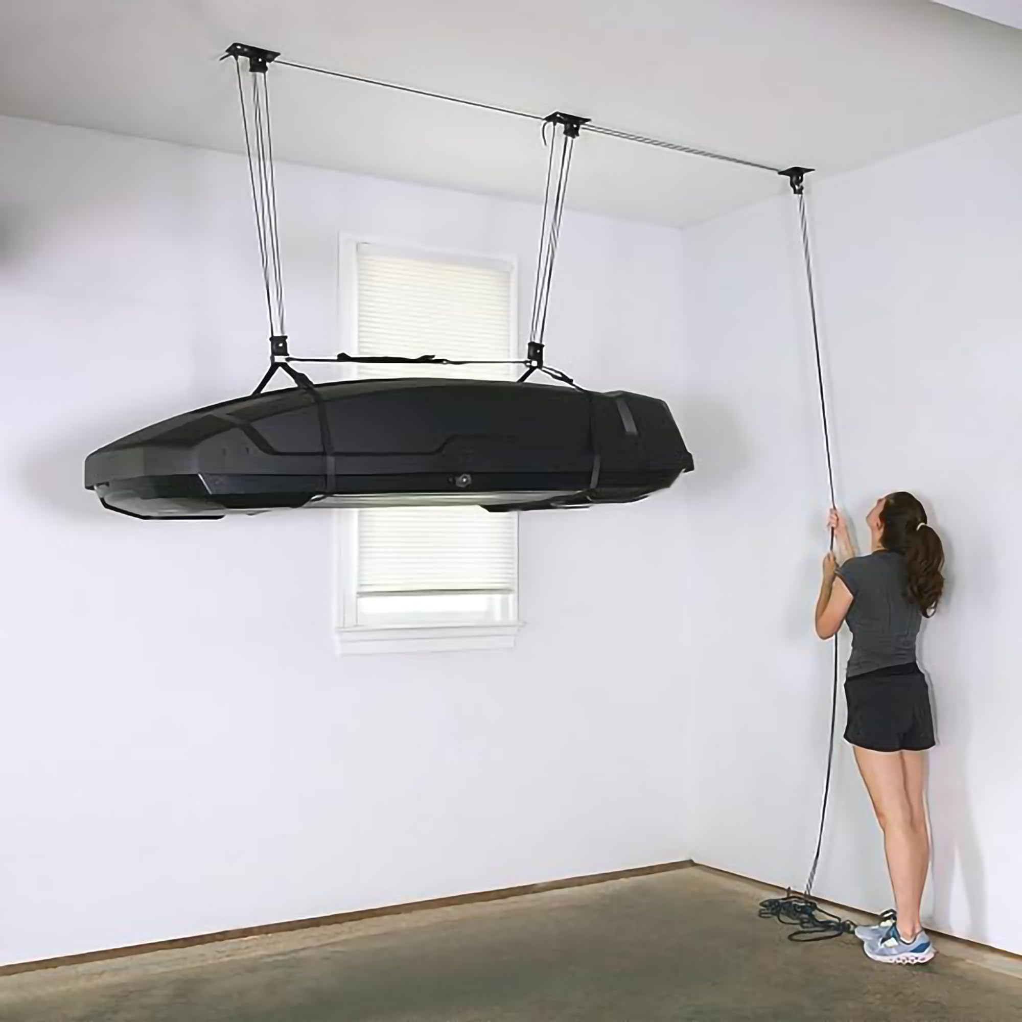 Teal Triangle Heavy Duty Elite Cargo Box Hoist, Easy-Lift Garage Pulley System, Holds 150 lbs, Fits 12-Foot+ Ceilings, Patented No-Slip Strap