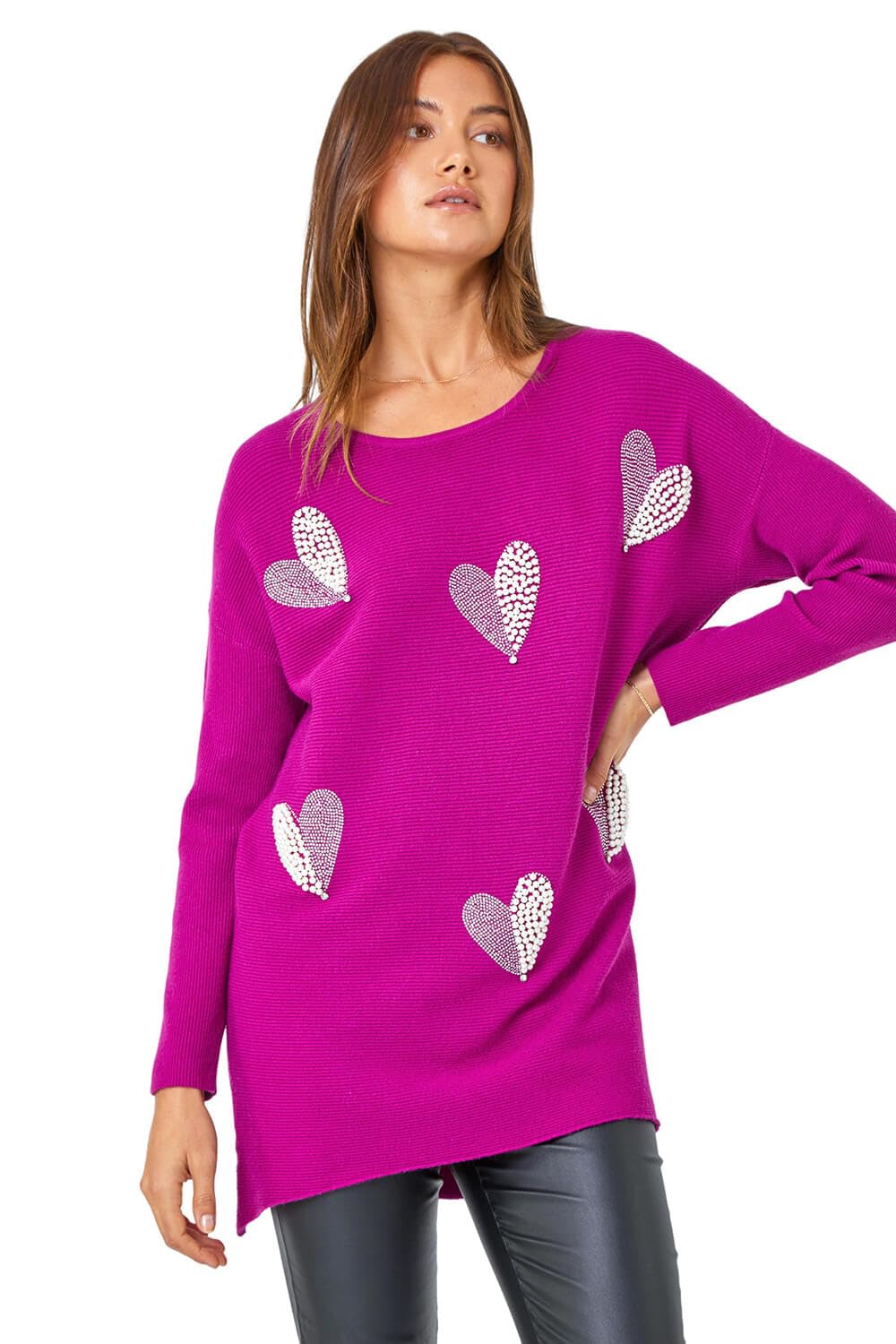 Roman Women's Magenta Sparkly Embellished Heart Jumper Size 14