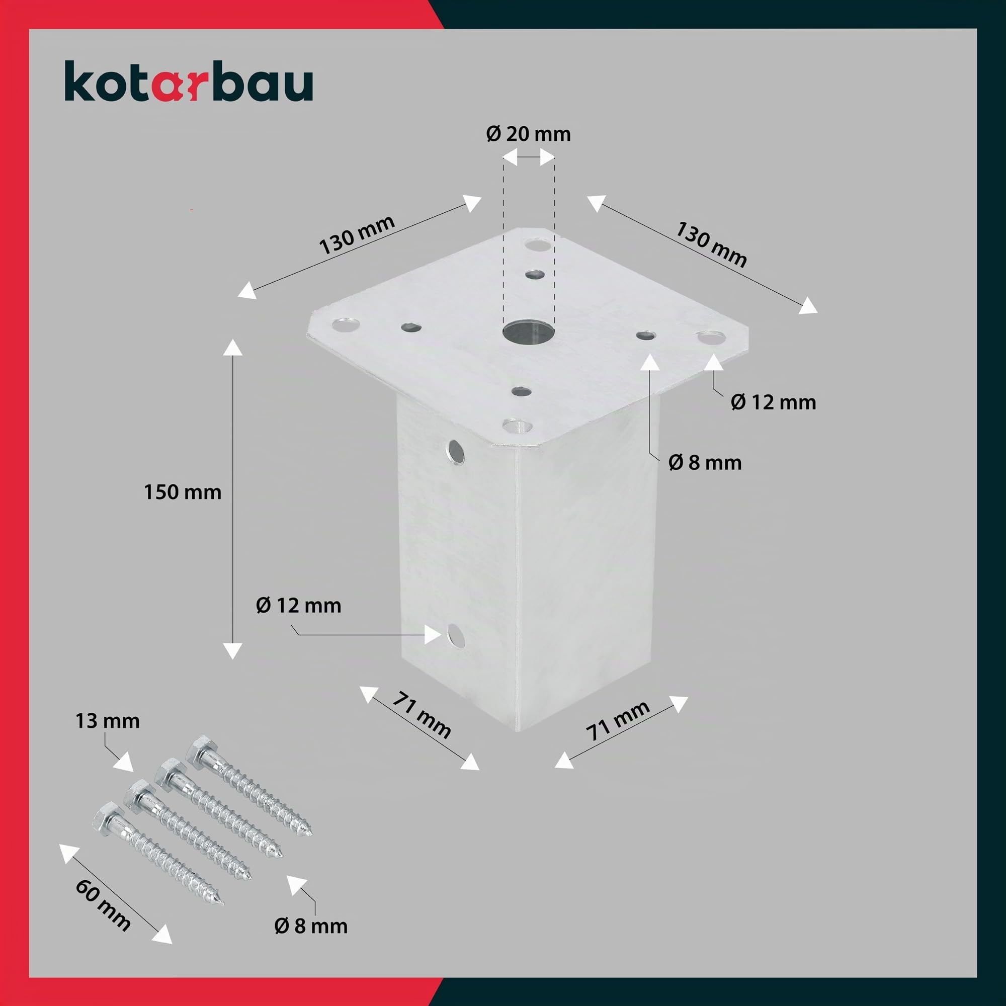 KOTARBAU® Set 2 Pezzi Fissaggio Pali Legno - Supporto per Pali in Legno Acciaio Zincato 70 x 70 mm Staffa Travi