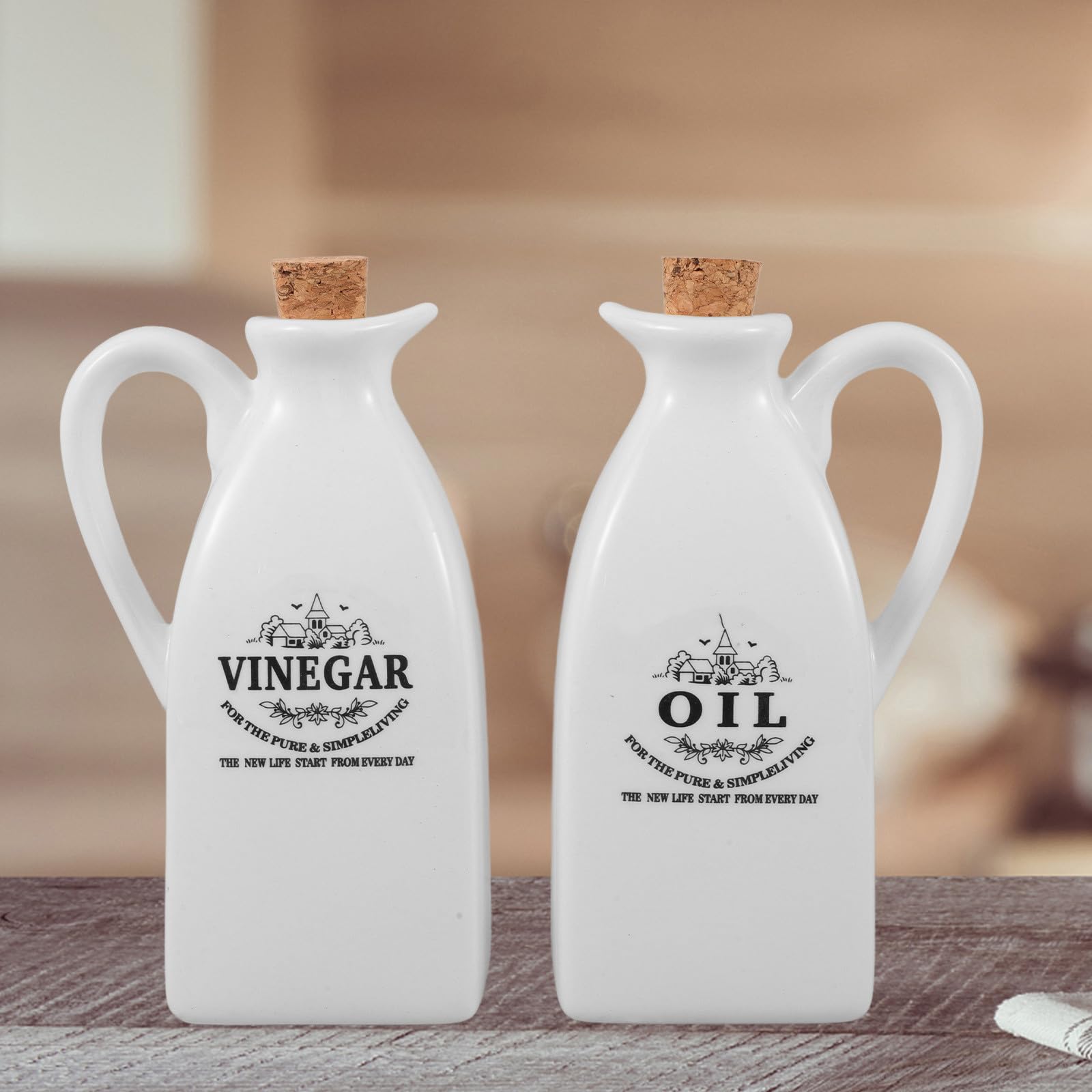 SHINEOFI Juego de 4 Botellas de Aceite y Vinagre de Cerámica Estilo Japonés Bandeja de Bambú Práctico Dispensador para Cocina y Obsequio de Inauguración