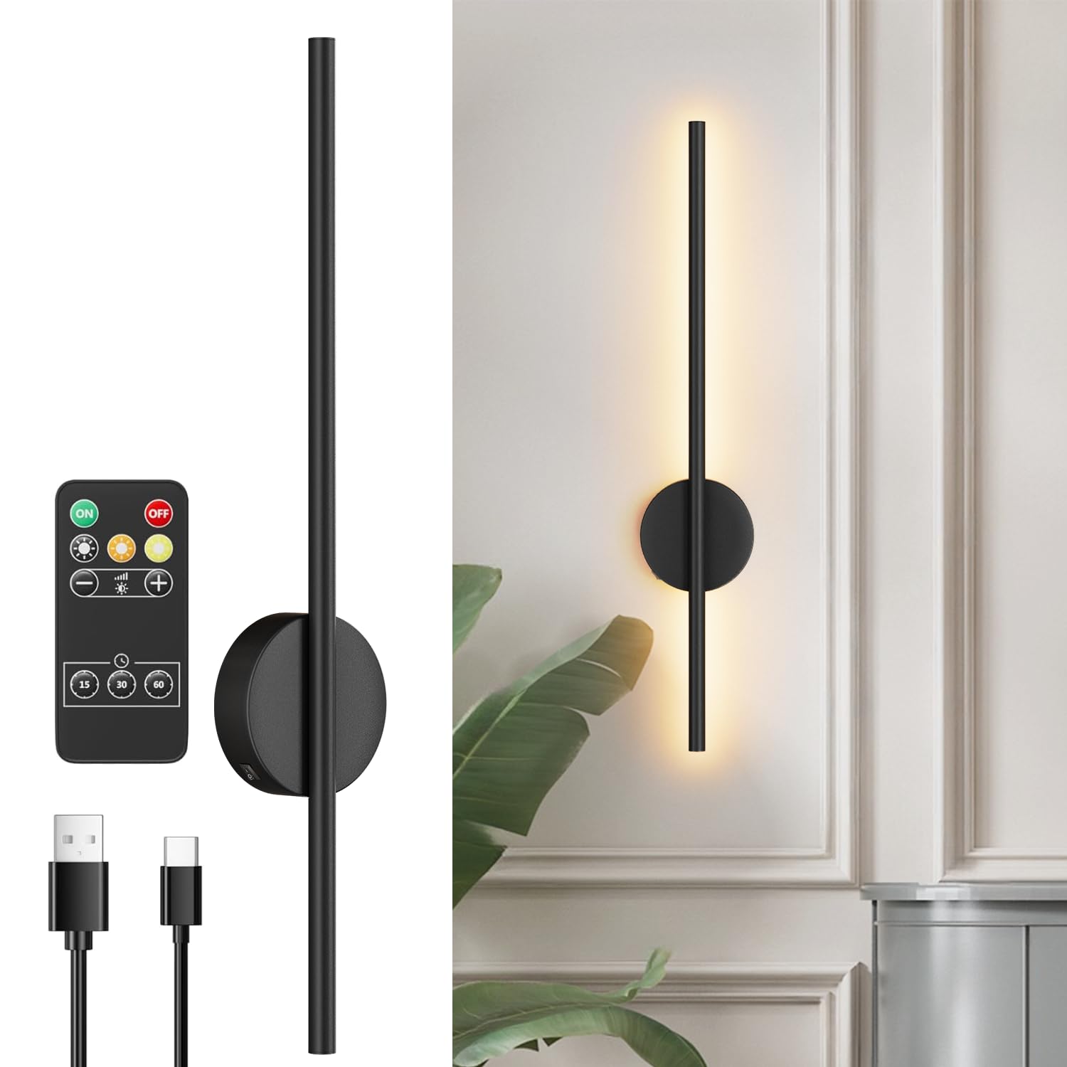 Black Battery Operated Wall Sconces with Remote Control, Dimmable Rechargeable Wall Sconces 1 Pack, 360°Rotate, LED Wireless Stepless Dimming Wall Lights for Living Room, Hallway, Bedroom 23.6 Inch